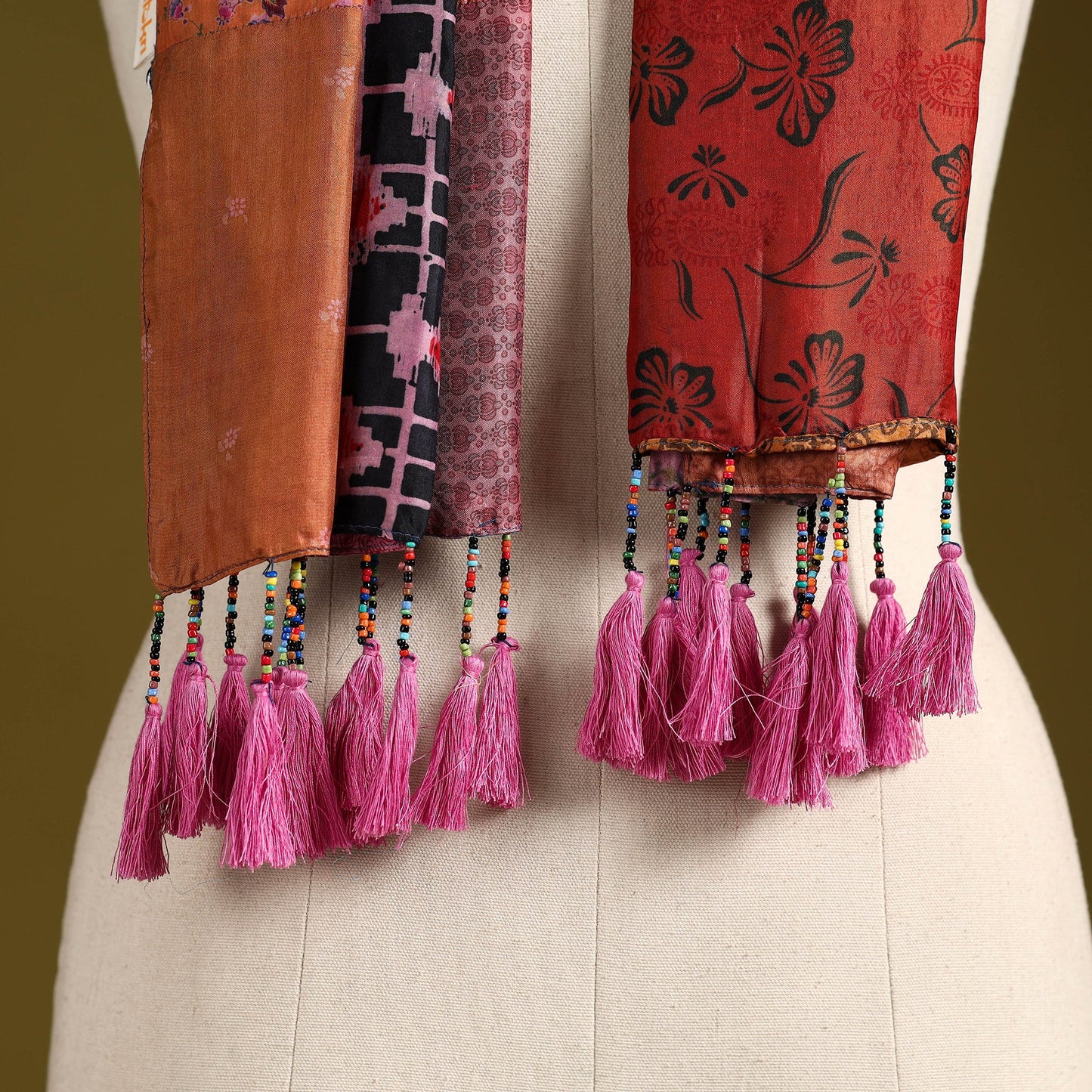 Multicolor - pure silk patchwork stole with tassels 08