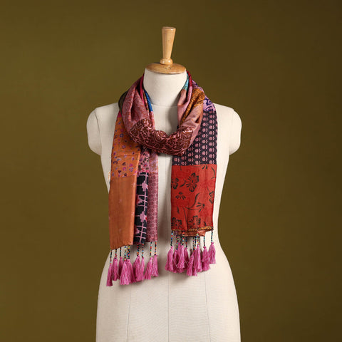 Multicolor - pure silk patchwork stole with tassels 08