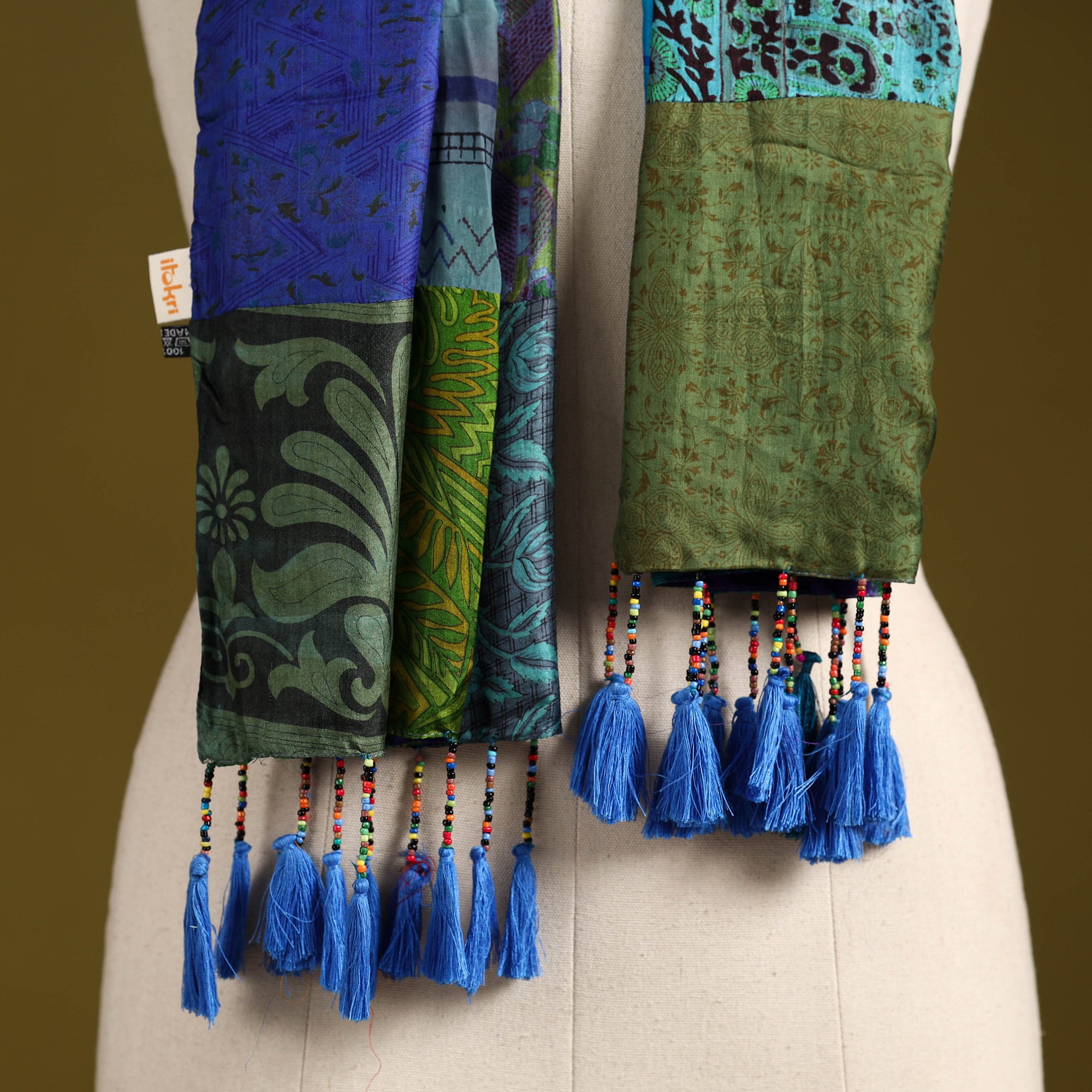 Multicolor - pure silk patchwork stole with tassels 11