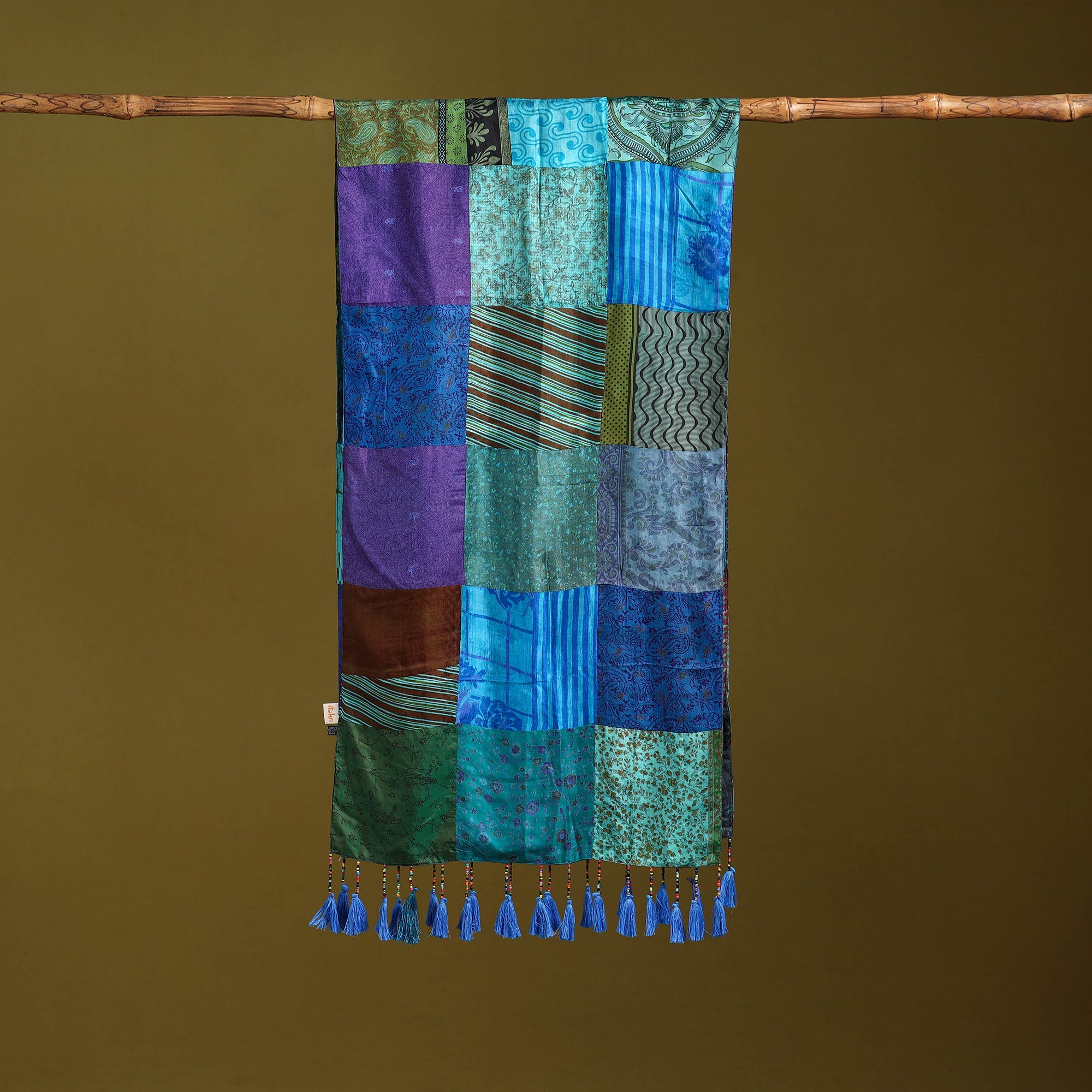 Multicolor - pure silk patchwork stole with tassels 11