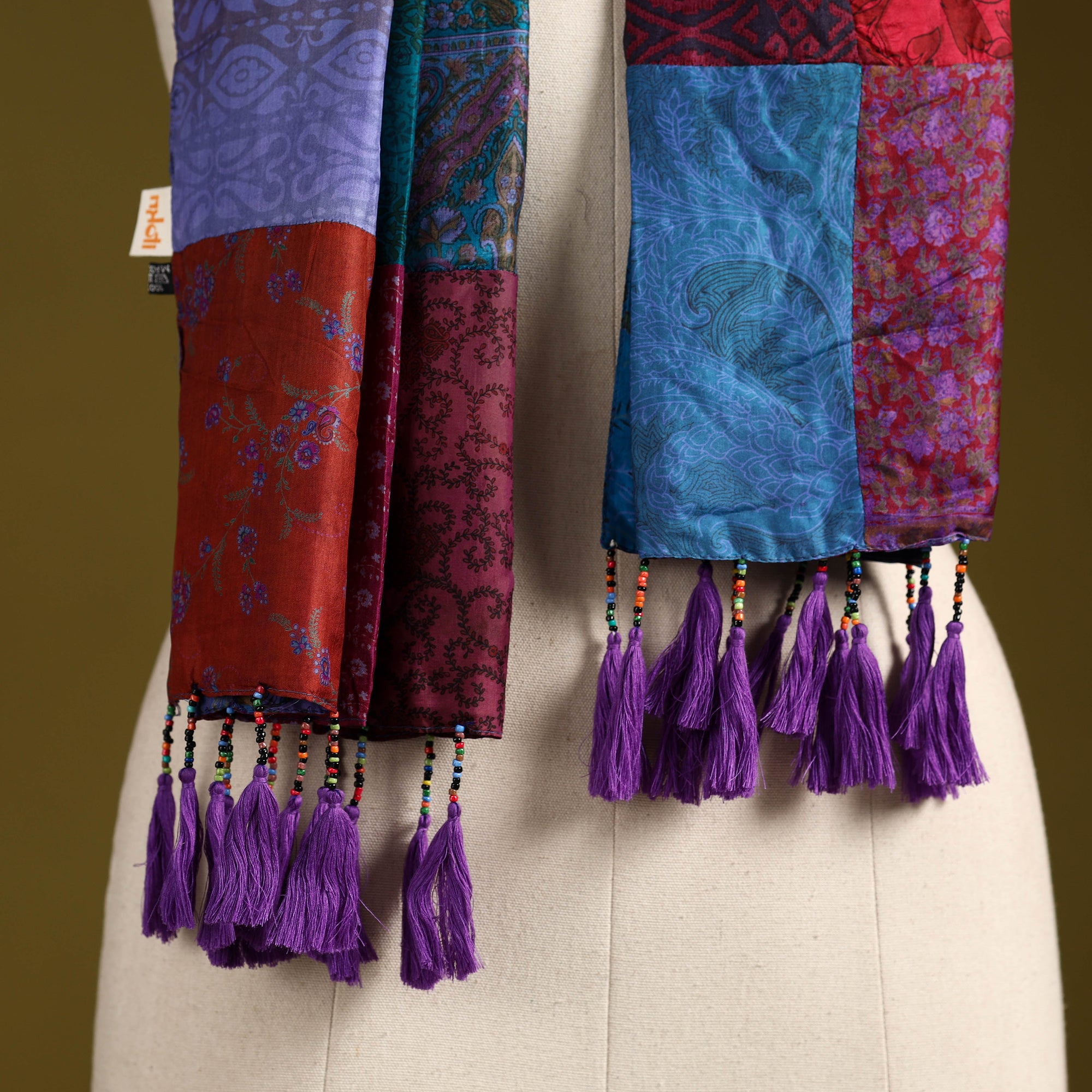 Multicolor - pure silk patchwork stole with tassels 12