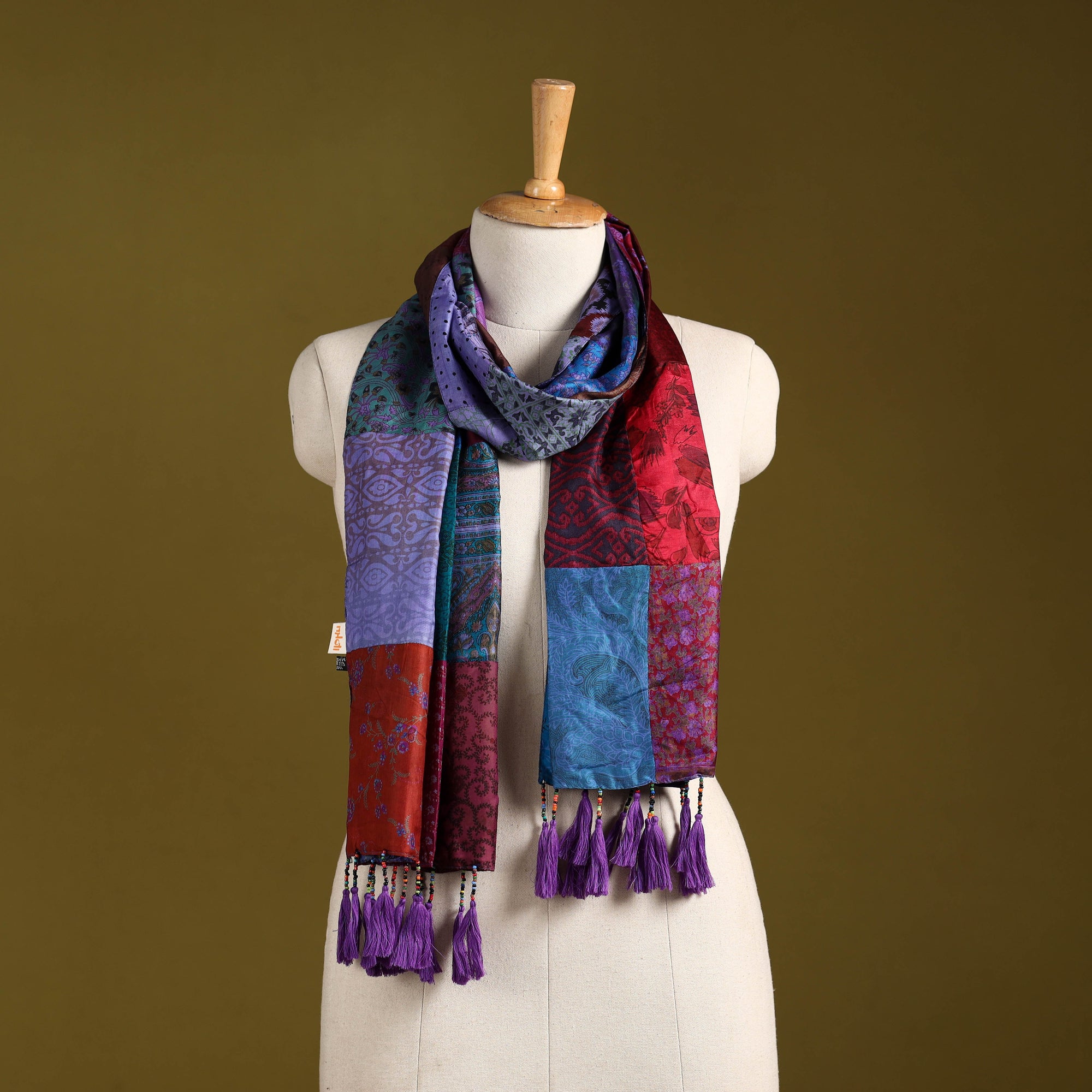 Multicolor - pure silk patchwork stole with tassels 12