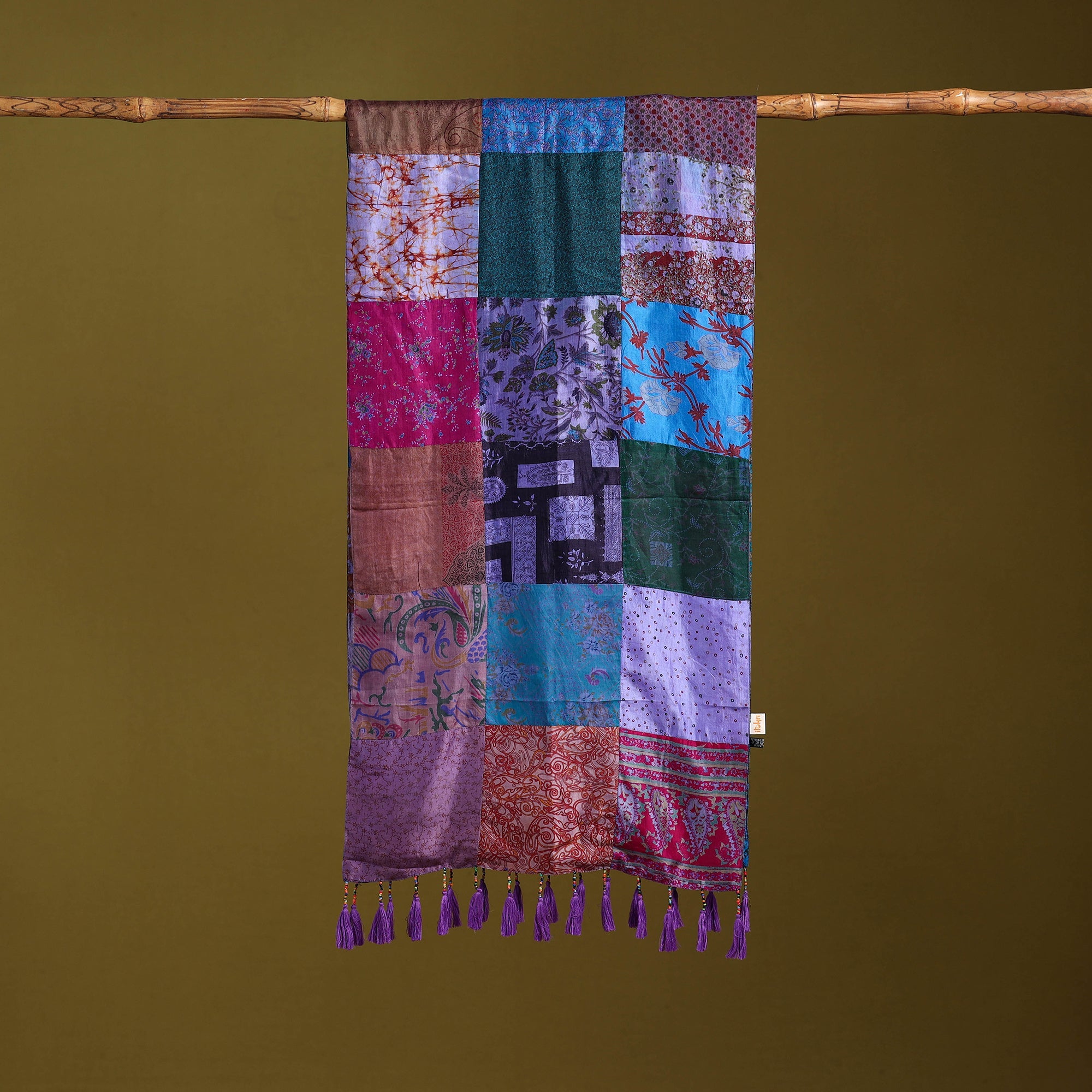 Multicolor - pure silk patchwork stole with tassels 17