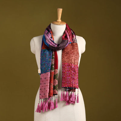 Multicolor - pure silk patchwork stole with tassels 18