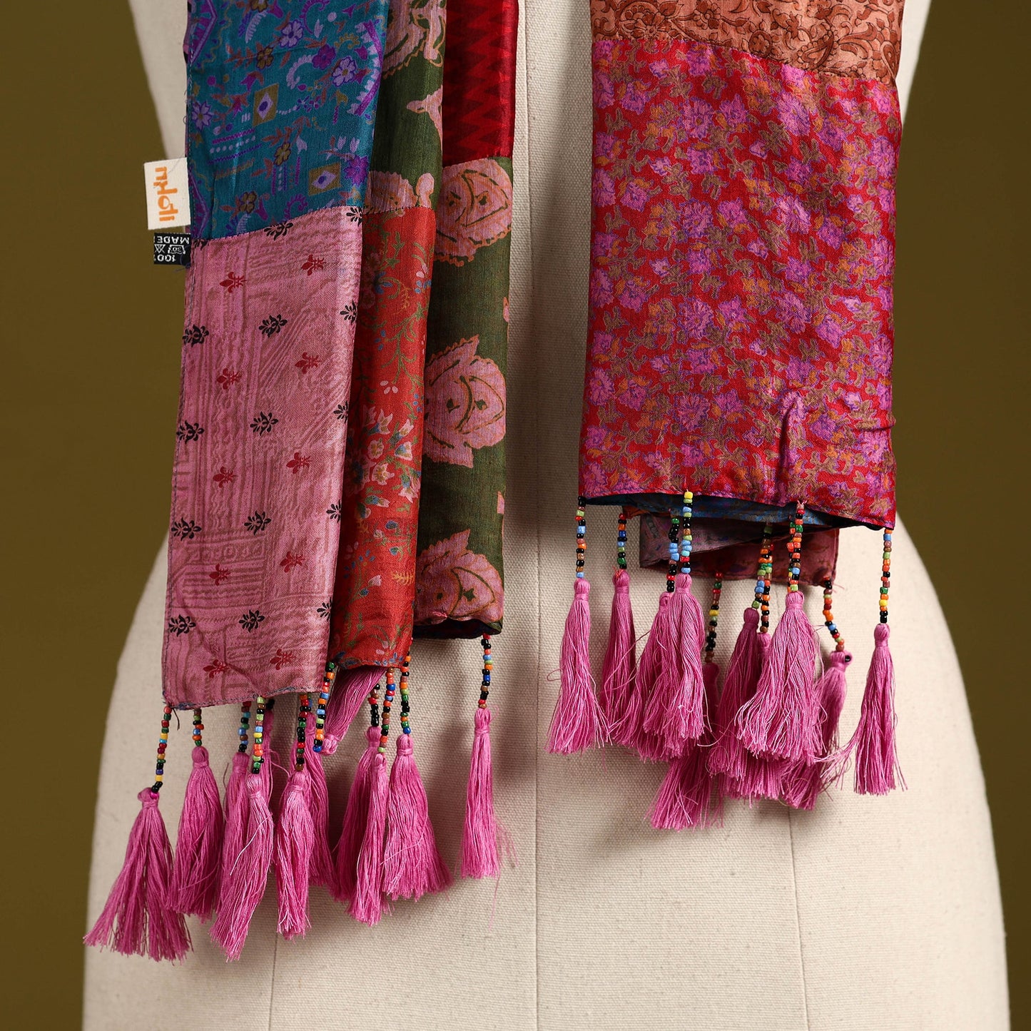 Multicolor - pure silk patchwork stole with tassels 18