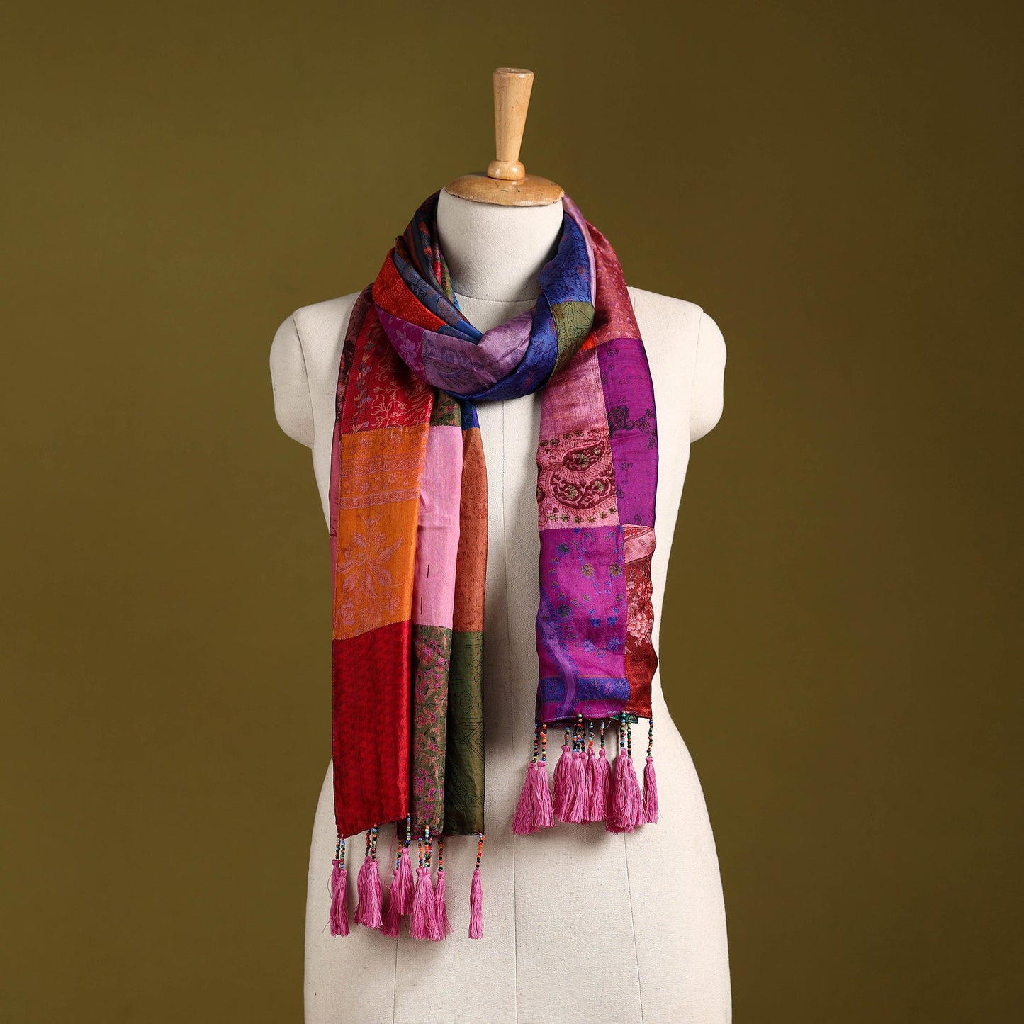 Multicolor - pure silk patchwork stole with tassels 20