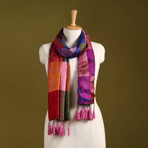 Multicolor - pure silk patchwork stole with tassels 20