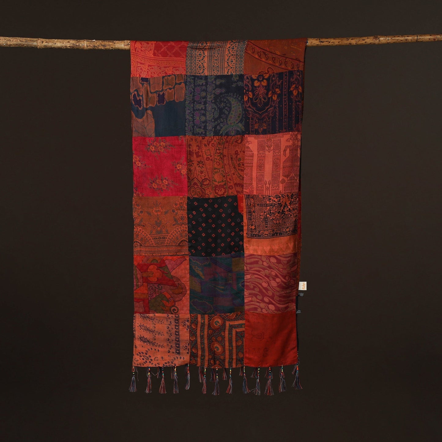 Pure silk patchwork stole with tassels 20 - handcrafted