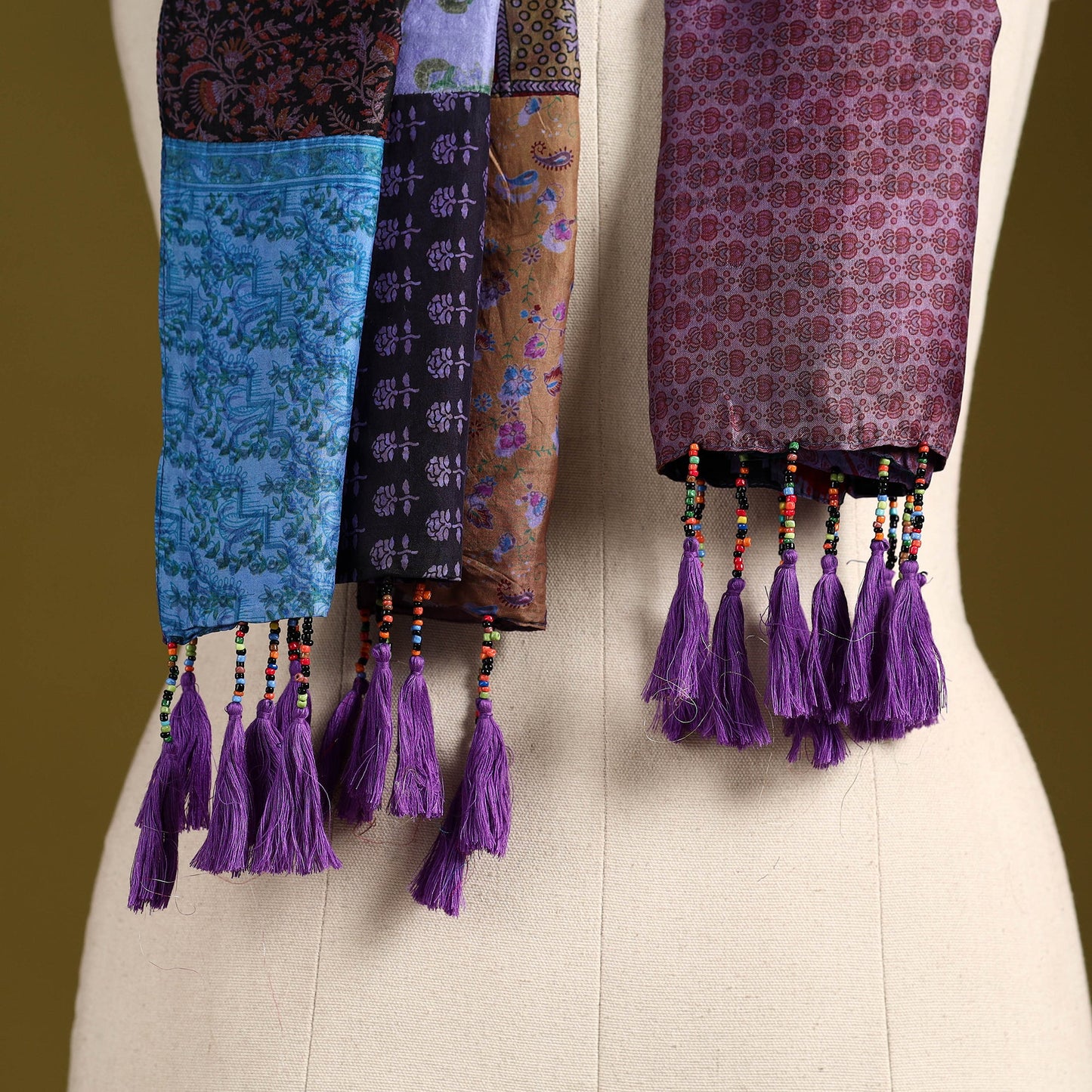 Multicolor - pure silk patchwork stole with tassels 22