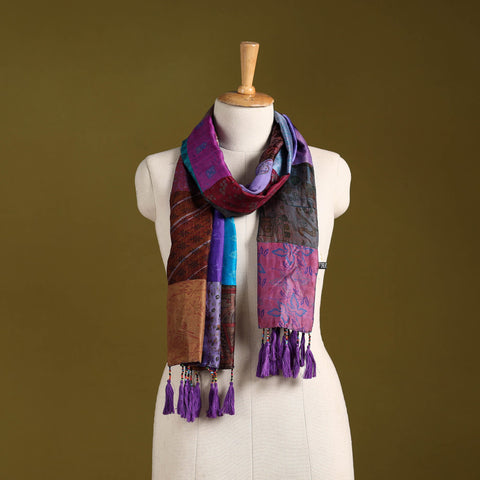 Multicolor - pure silk patchwork stole with tassels 23