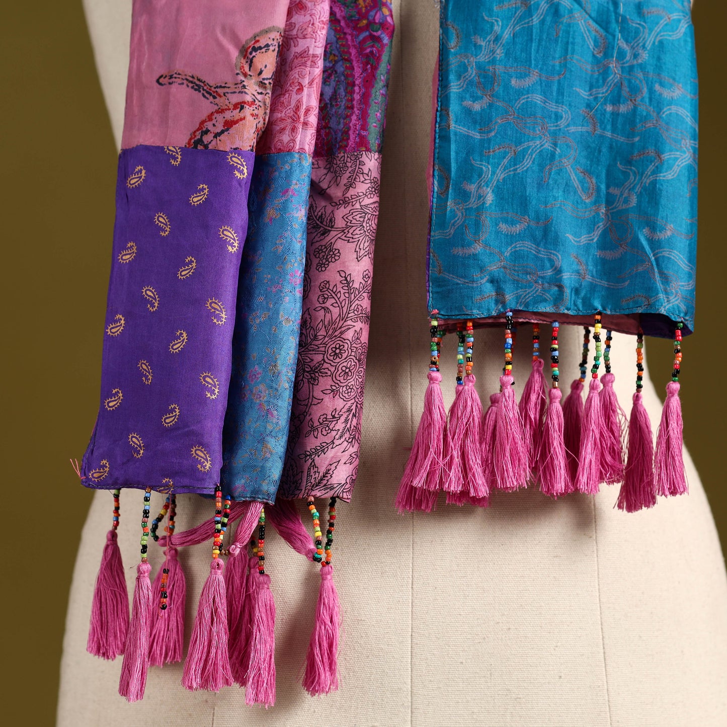 Multicolor - pure silk patchwork stole with tassels 26