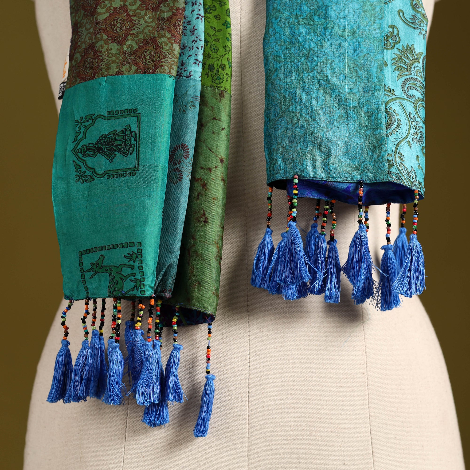 Multicolor - pure silk patchwork stole with tassels 29