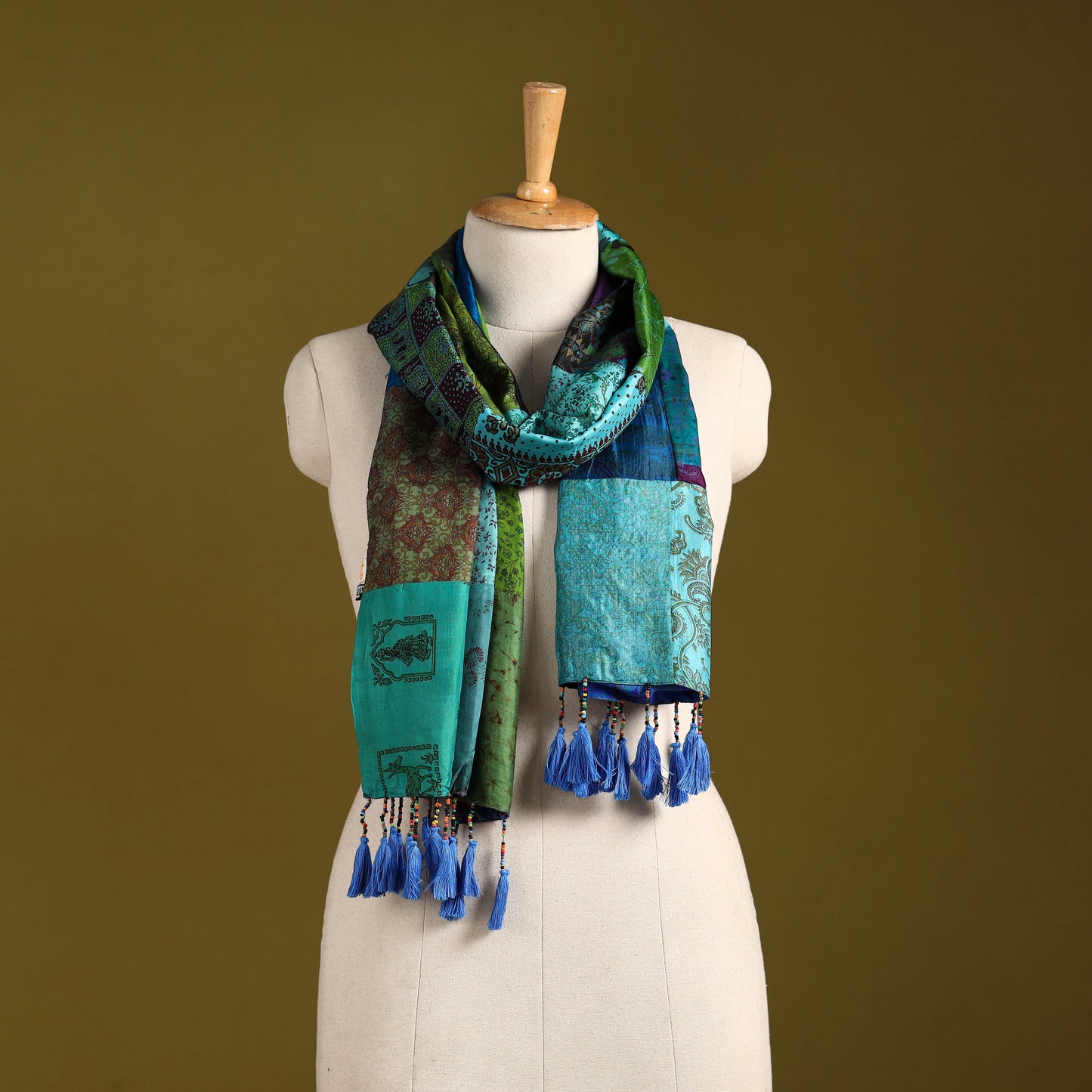 Multicolor - pure silk patchwork stole with tassels 29