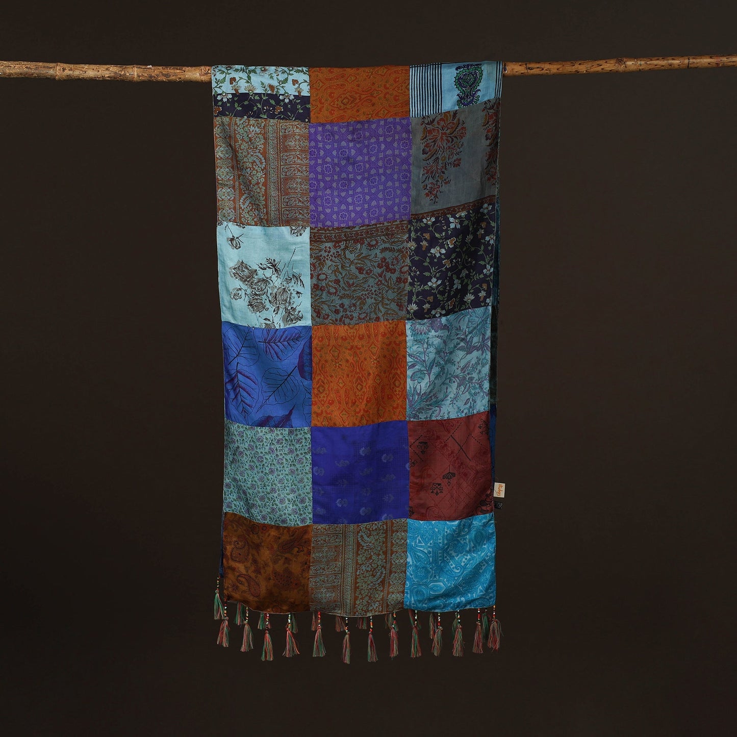 Pure silk patchwork stole with tassels 30 - handcrafted