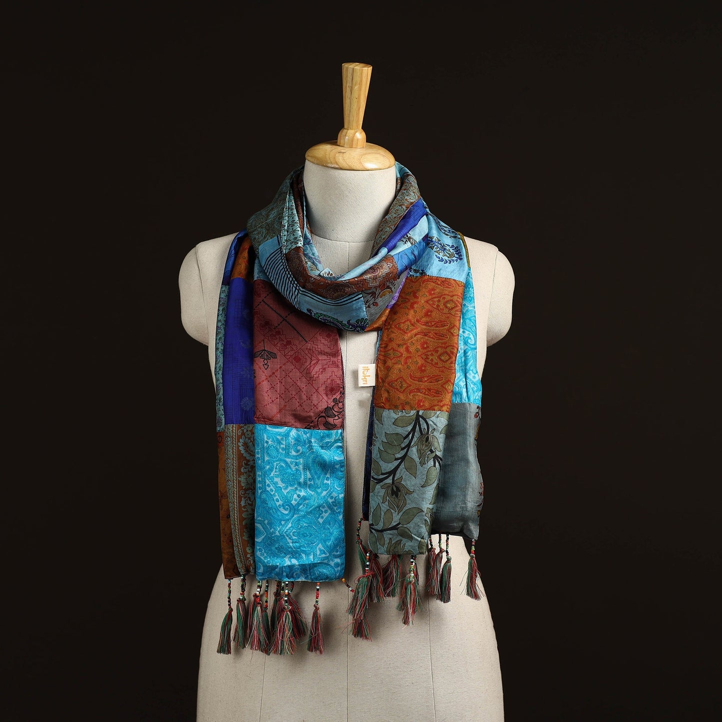 Pure silk patchwork stole with tassels 30 - handcrafted