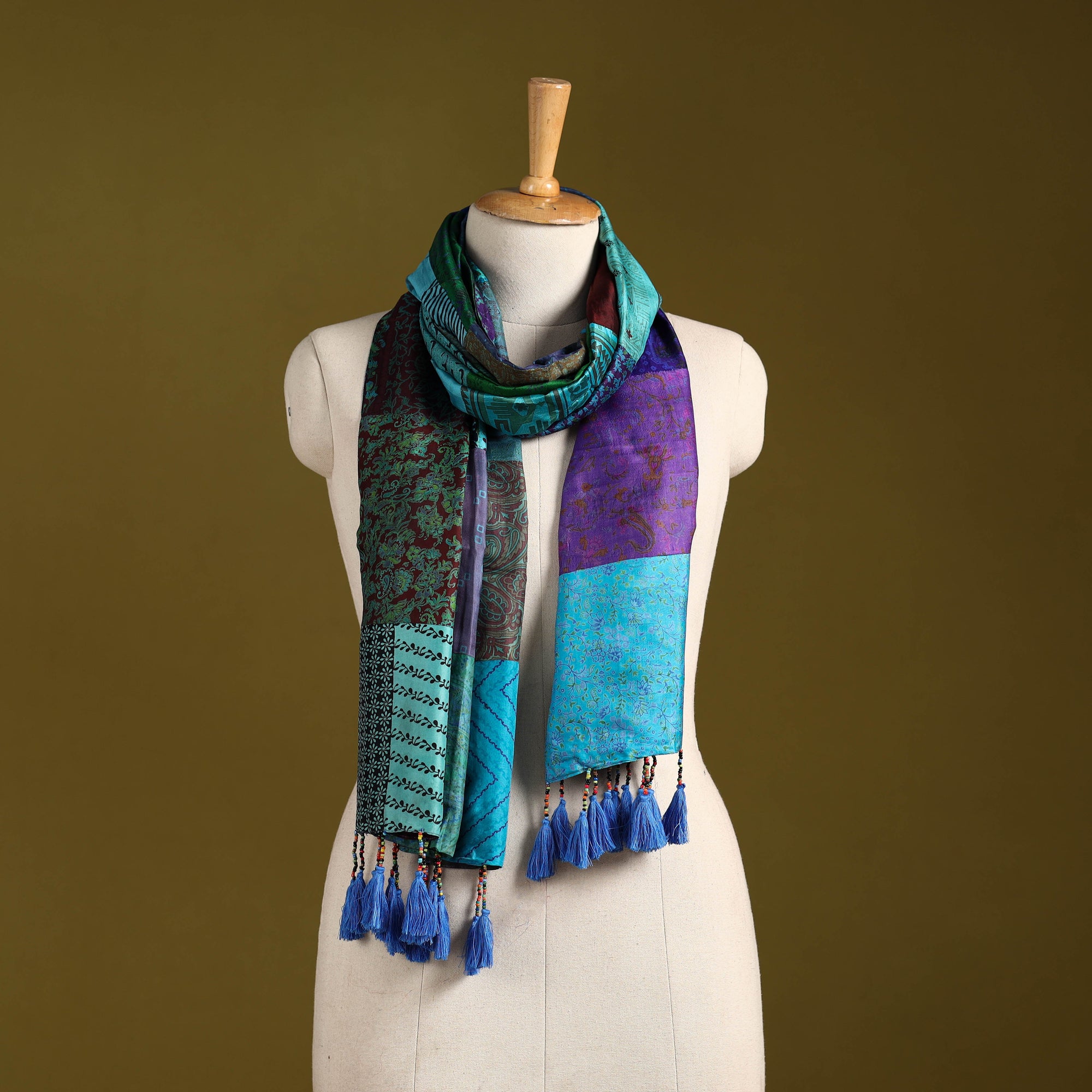 Multicolor - pure silk patchwork stole with tassels 32