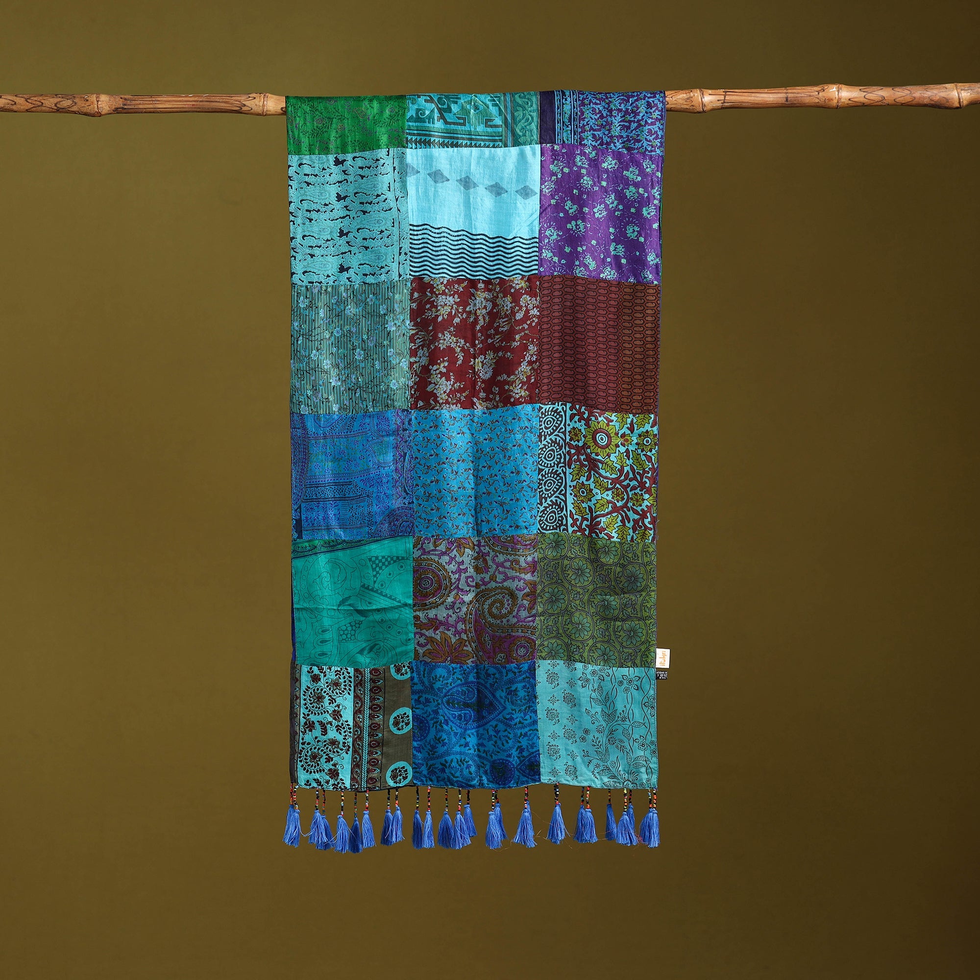 Multicolor - pure silk patchwork stole with tassels 32