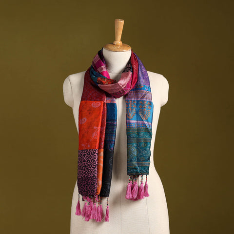 Multicolor - pure silk patchwork stole with tassels 38