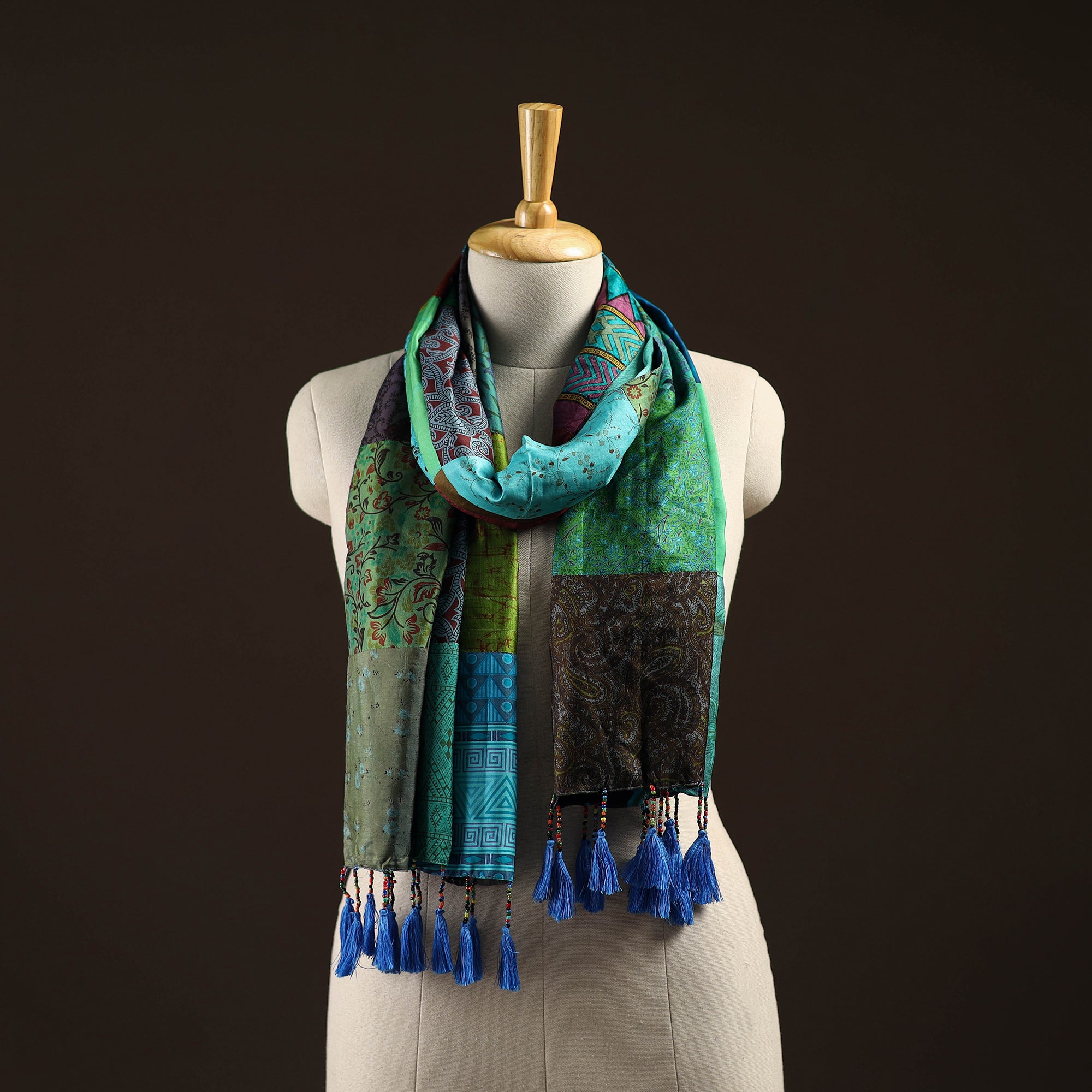 Multicolor - pure silk patchwork stole with tassels 48