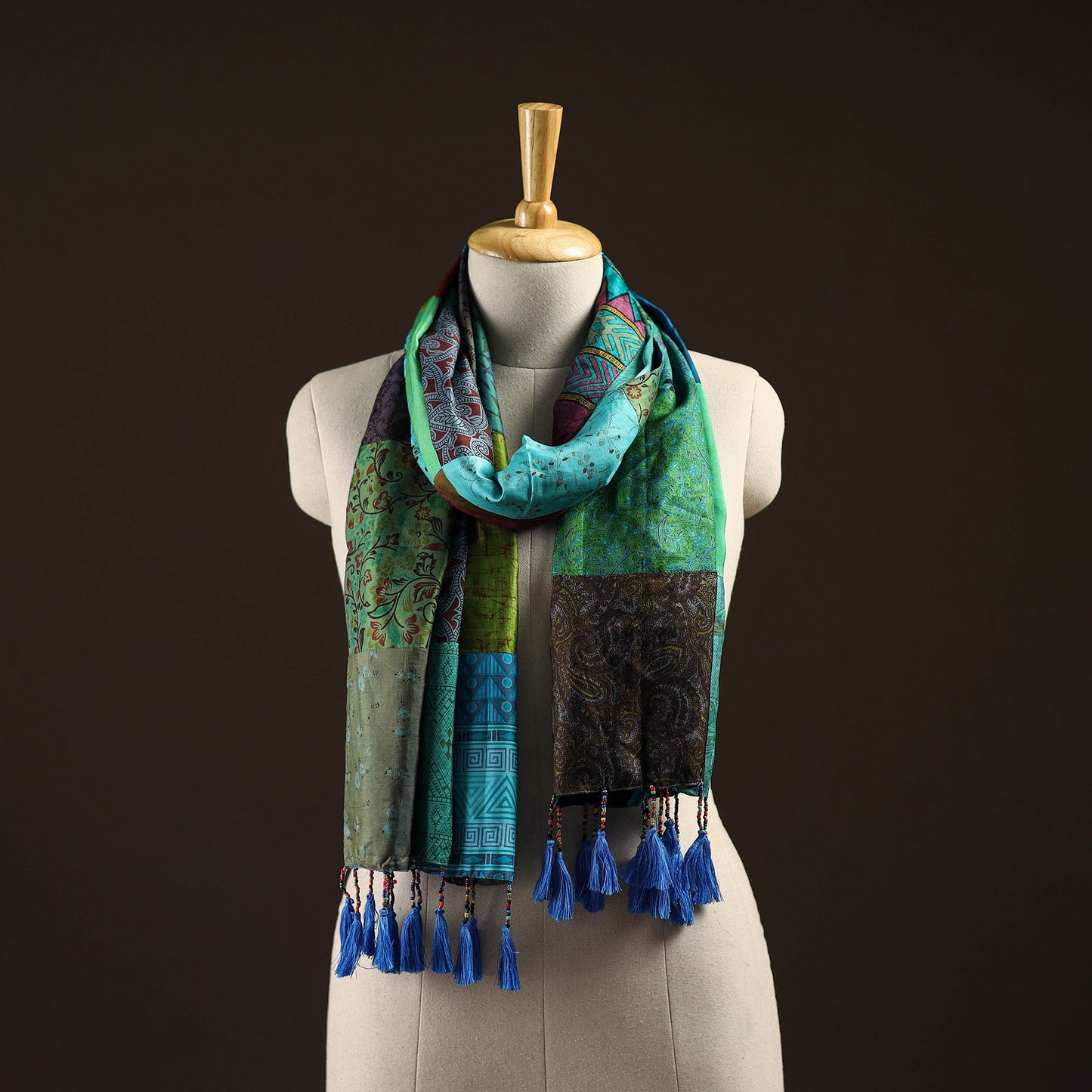 Multicolor - pure silk patchwork stole with tassels 48