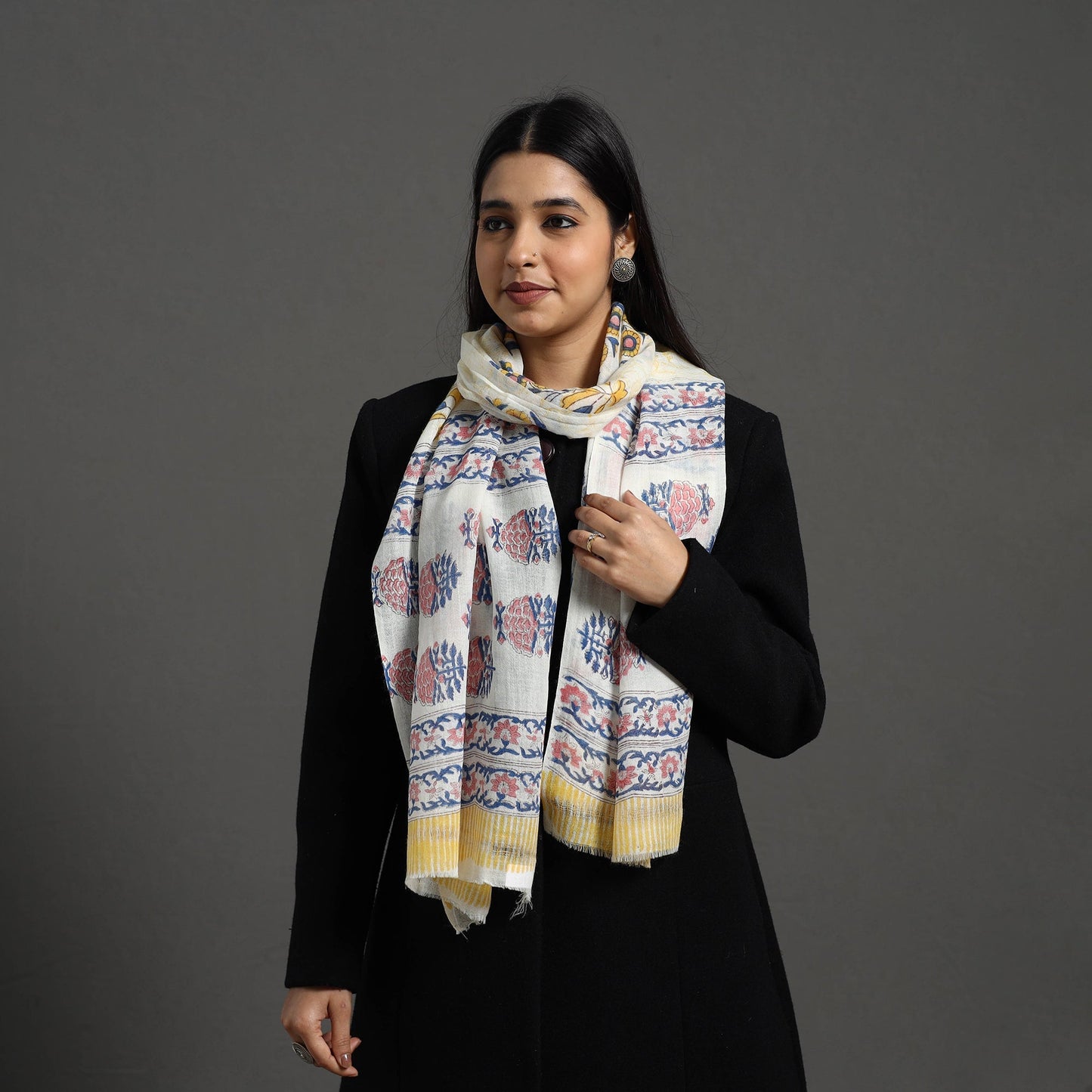  Pure Wool Block Print Multicolor Sanganeri Stole