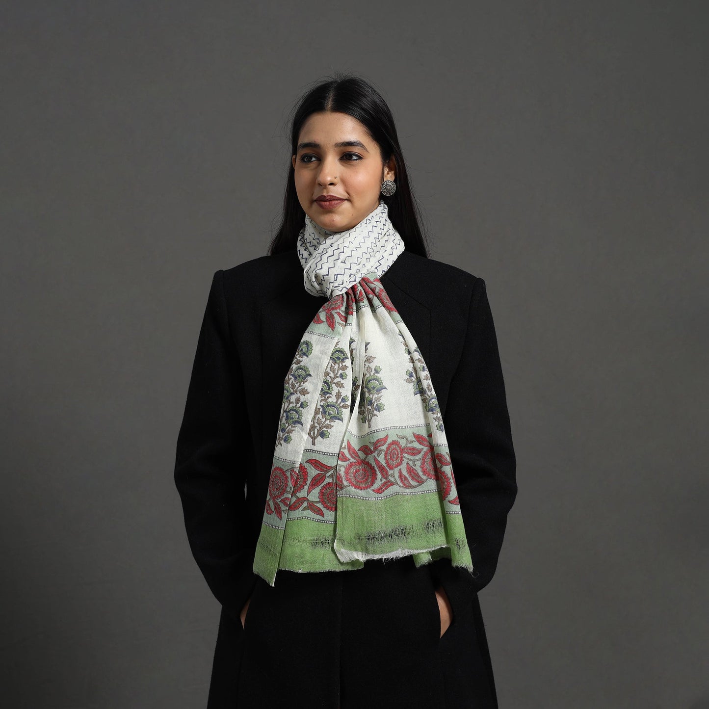 Buy Pure Wool Block Print Multicolor Sanganeri Stole