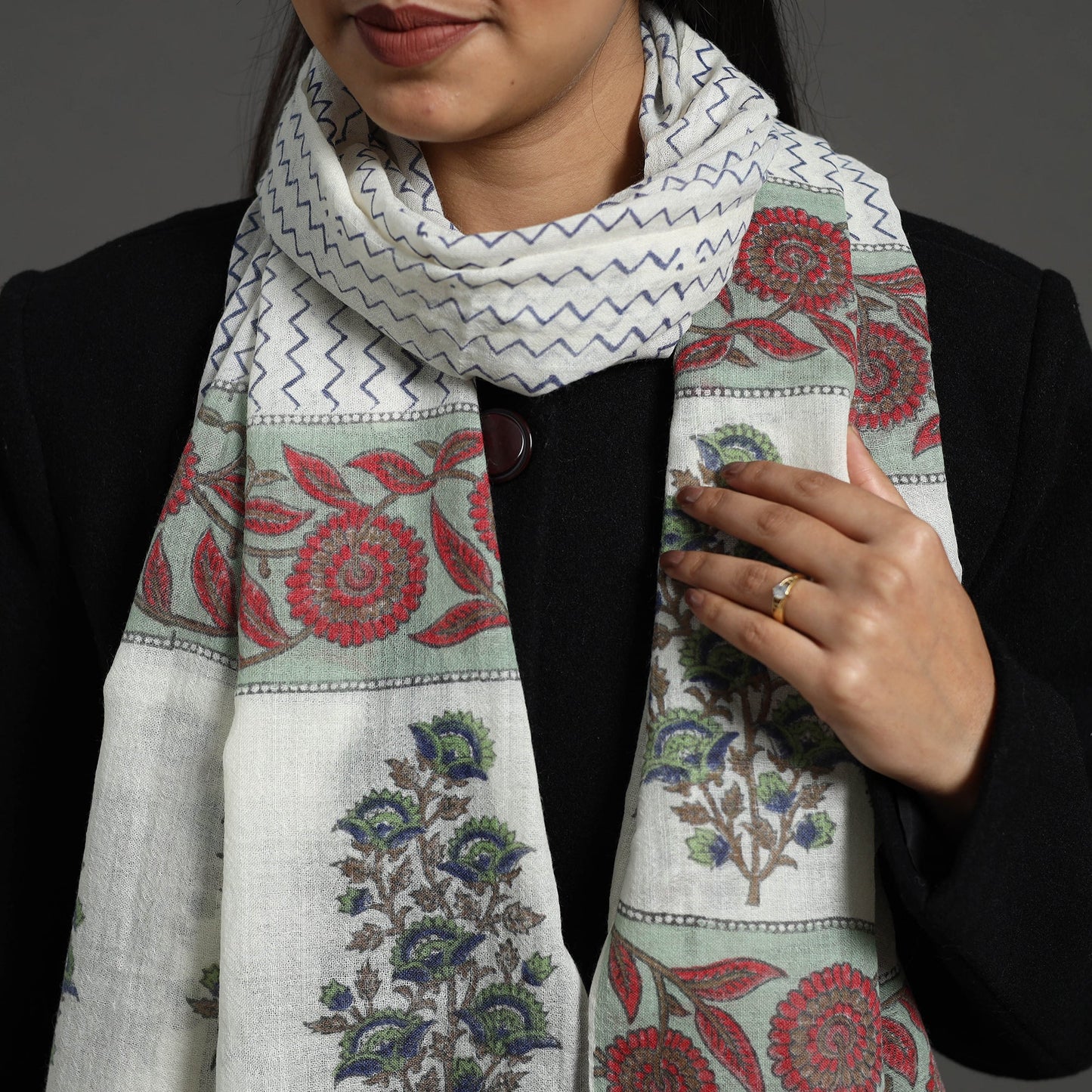 Buy Pure Wool Block Print Multicolor Sanganeri Stole