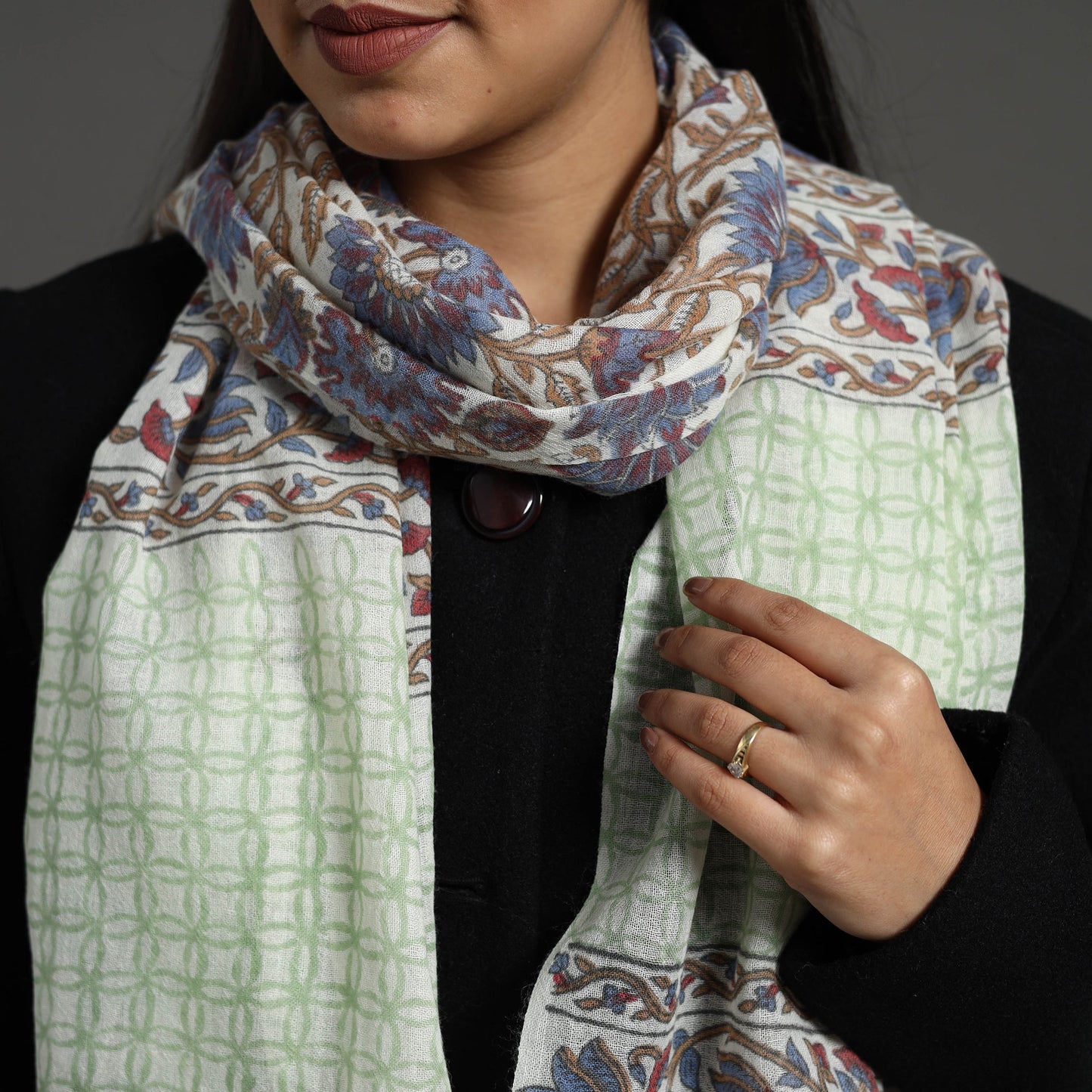 Multicolor - pure wool sanganeri stole 32 - handcrafted