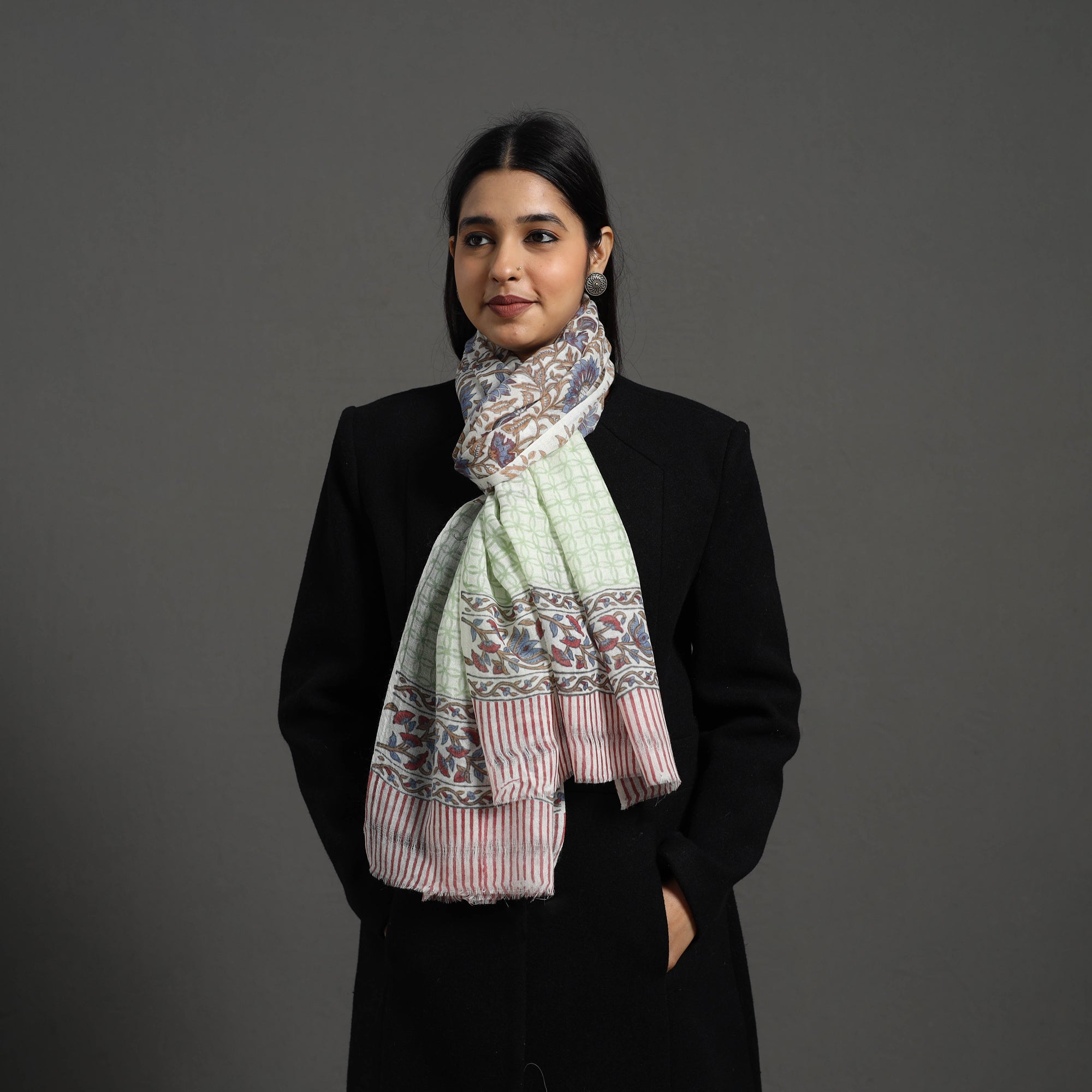 Multicolor - pure wool sanganeri stole 32 - handcrafted