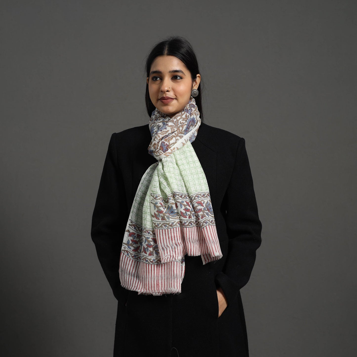 Multicolor - pure wool sanganeri stole 32 - handcrafted