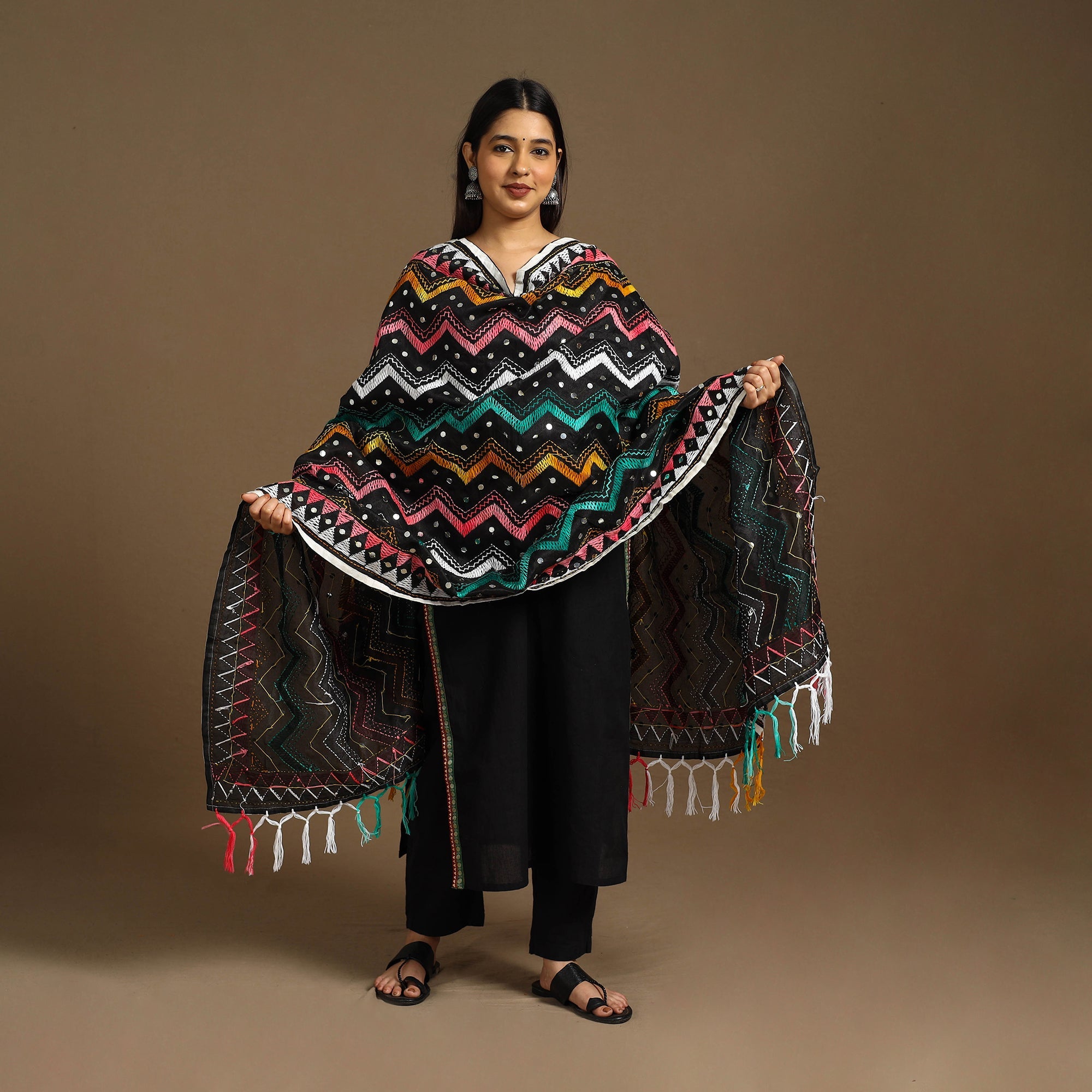  Multicolor Ranihati Chanderi Silk Zig Zag Hand Embroidery Dupatta
