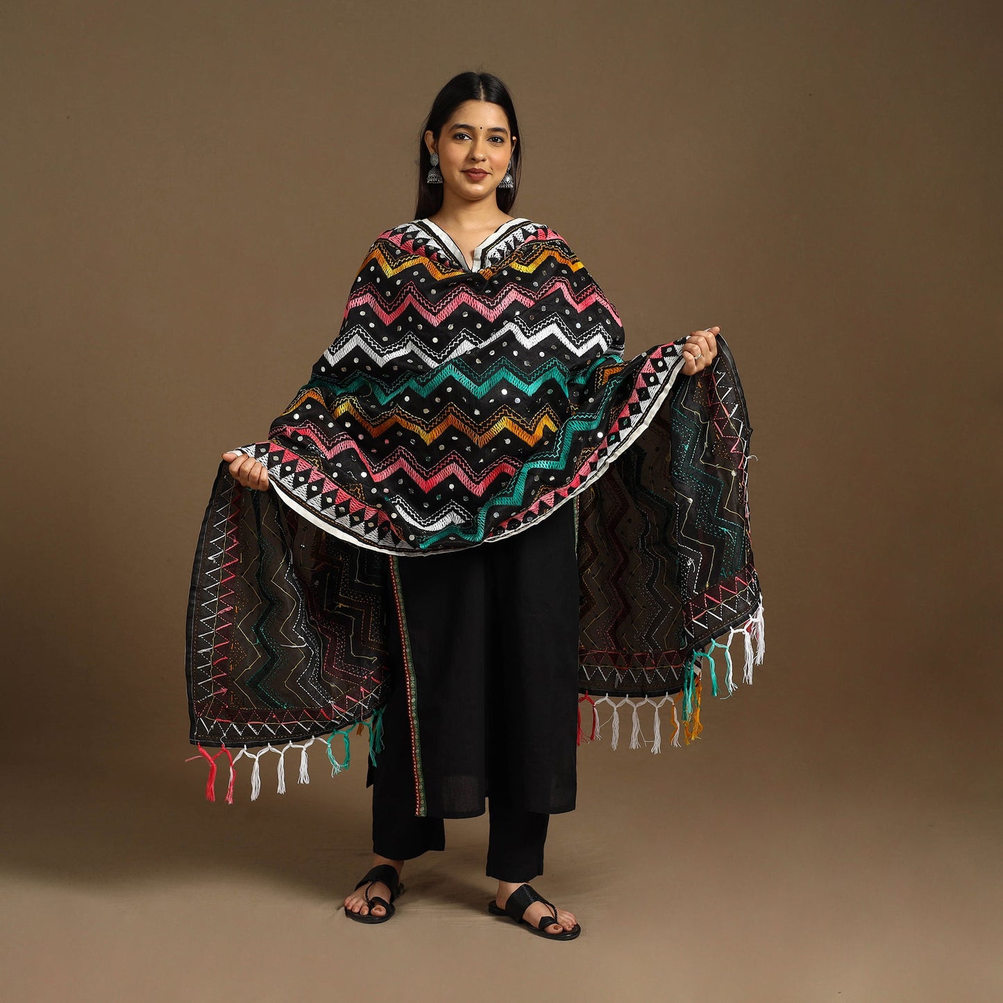  Multicolor Ranihati Chanderi Silk Zig Zag Hand Embroidery Dupatta