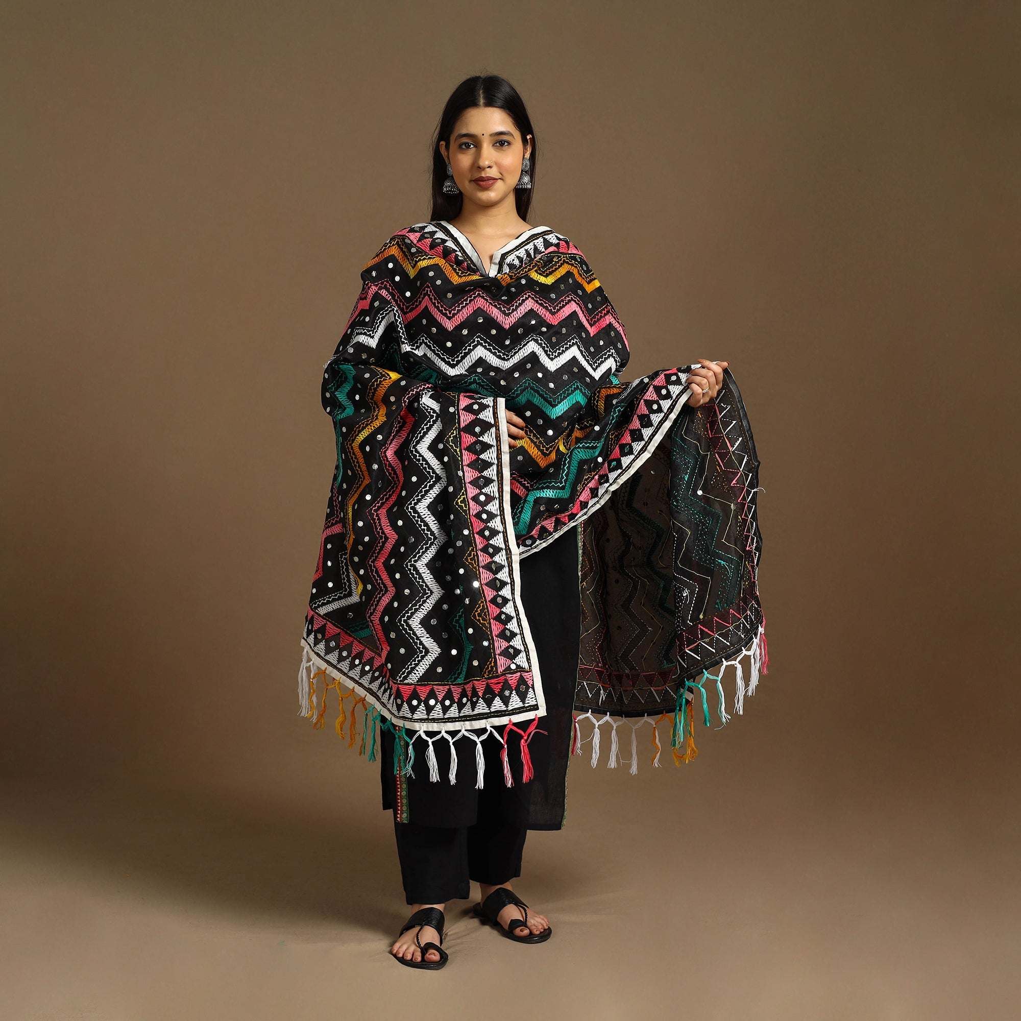  Multicolor Ranihati Chanderi Silk Zig Zag Hand Embroidery Dupatta