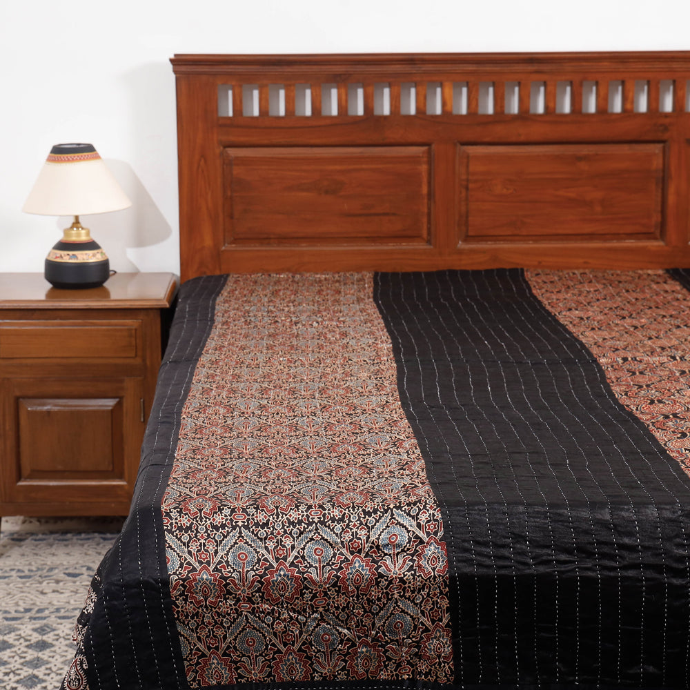  Reversible Ajrakh Patch & Tagai Work Mashru Silk Double Bed Cover / Quilt 