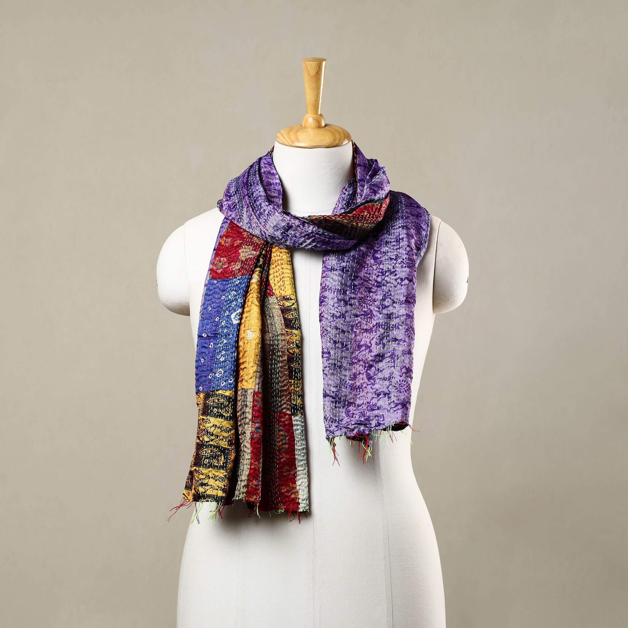 Multicolor - reversible patchwork silk bengal kantha stitch