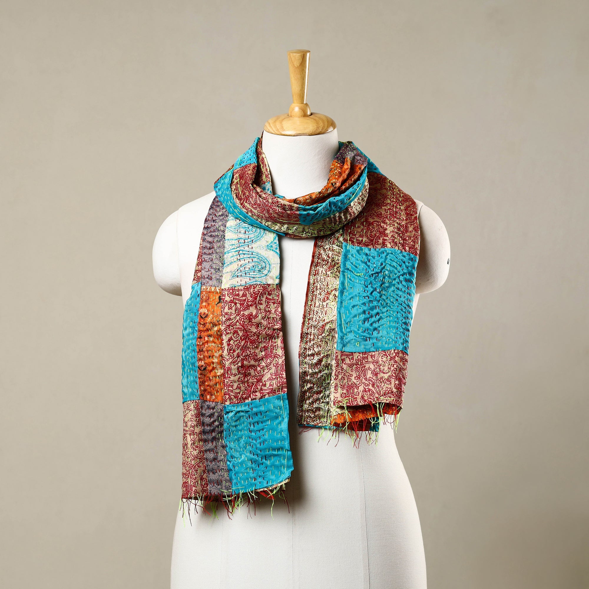  Multicolor Reversible Silk Bengal Kantha Stole Online