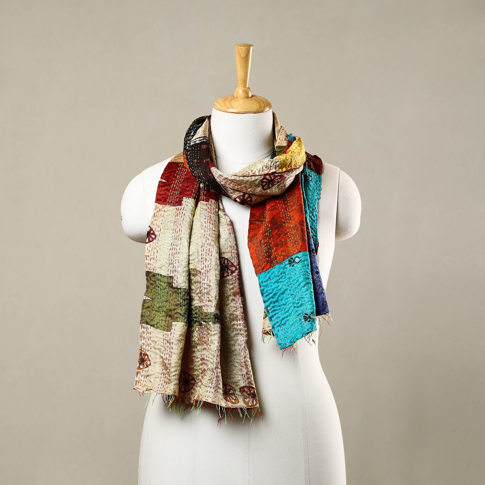 Multicolor - reversible patchwork silk bengal kantha stitch