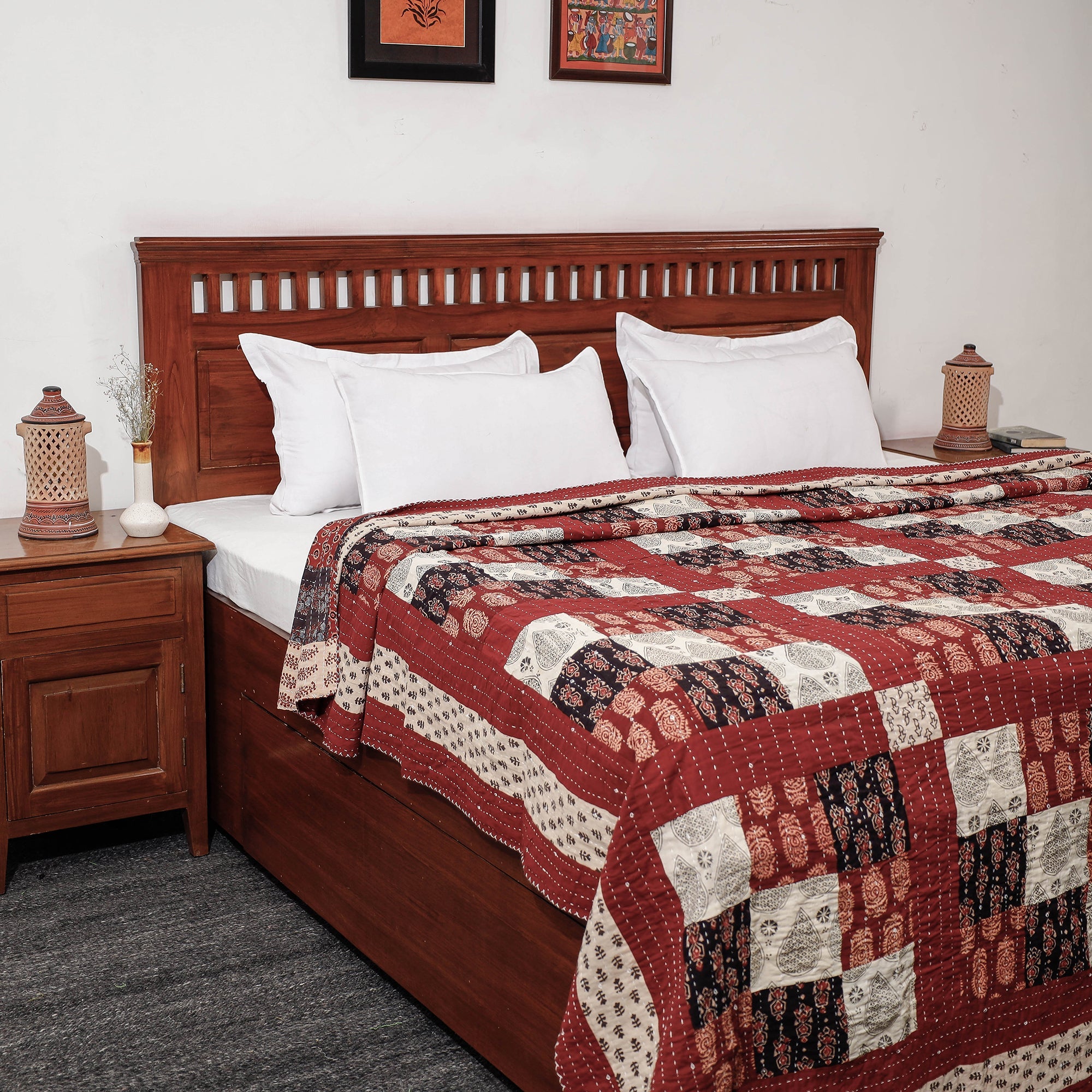  Reversible Ajrakh Printed Patch With Tagai Cotton Gudri / AC Quilt 