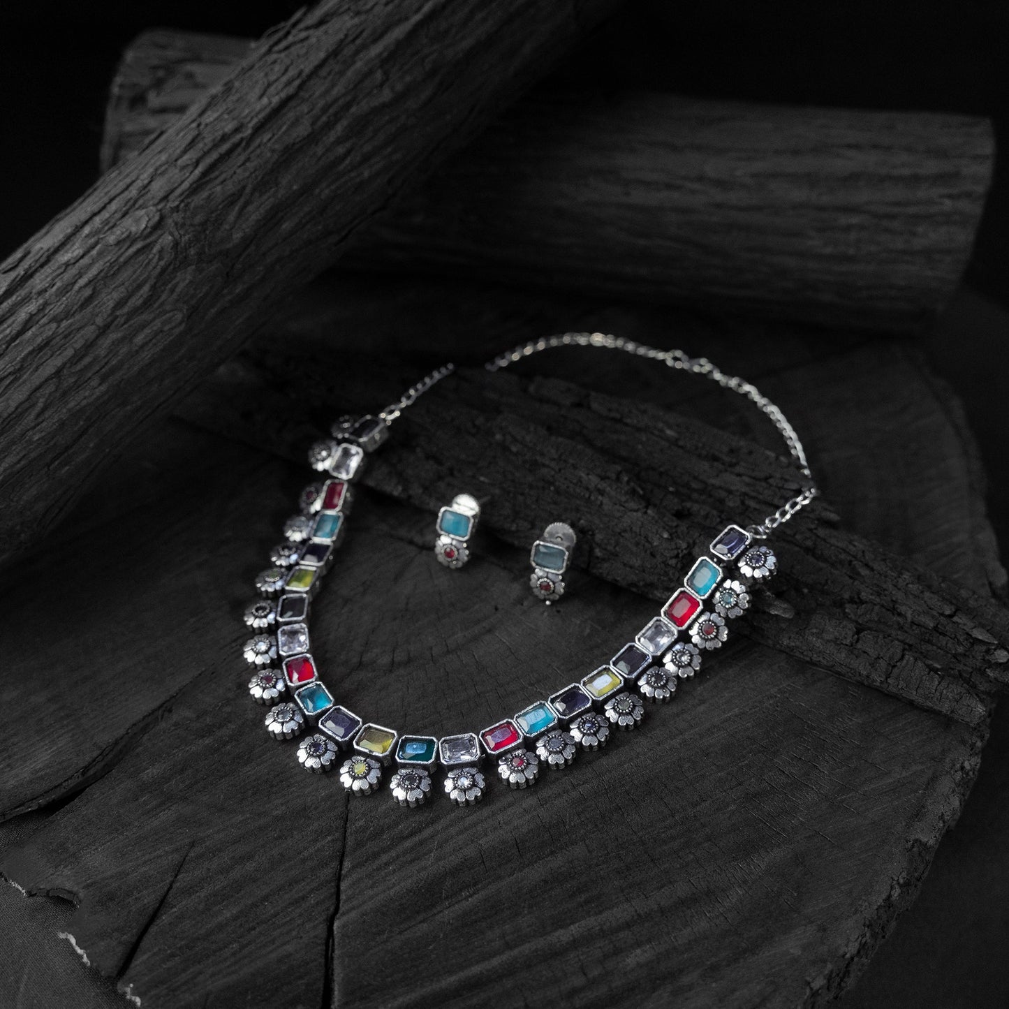 Multicolor - saanjh bela blossom oxidised necklace set
