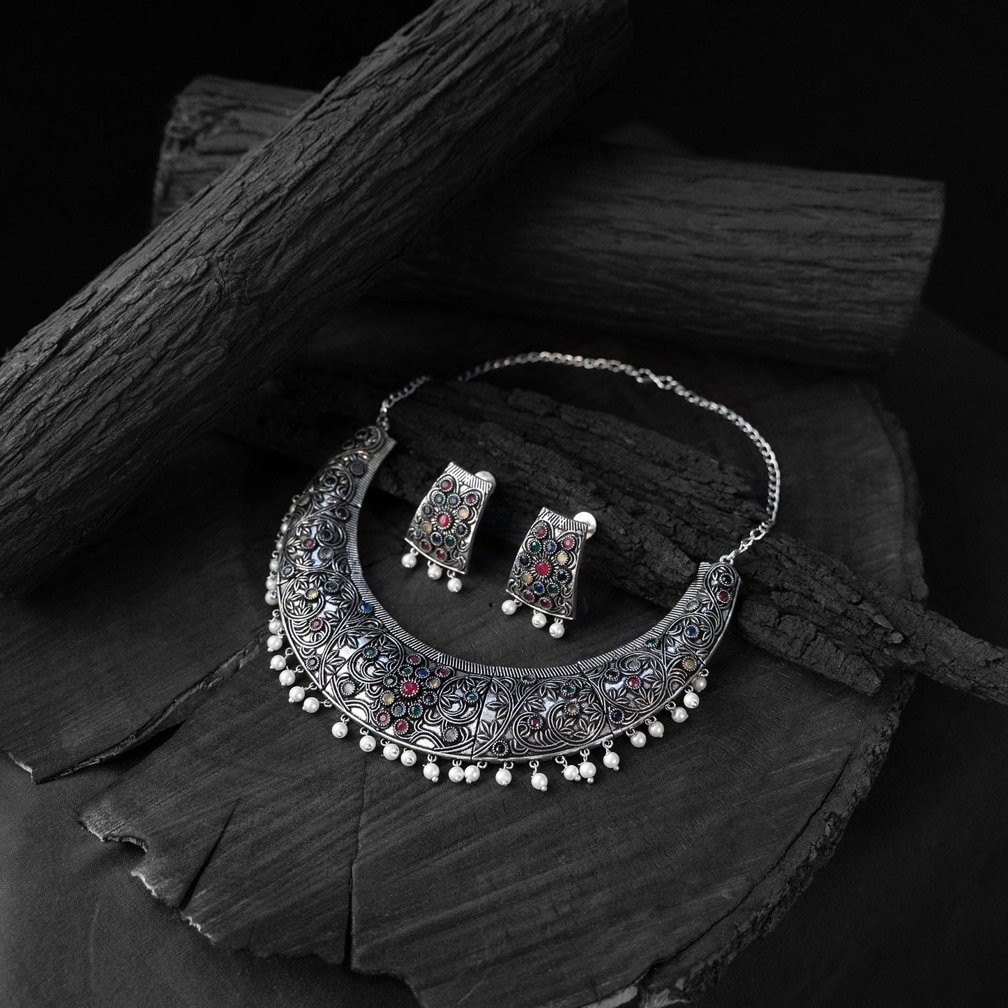 Multicolor - saanjh bela floral oxidised necklace set