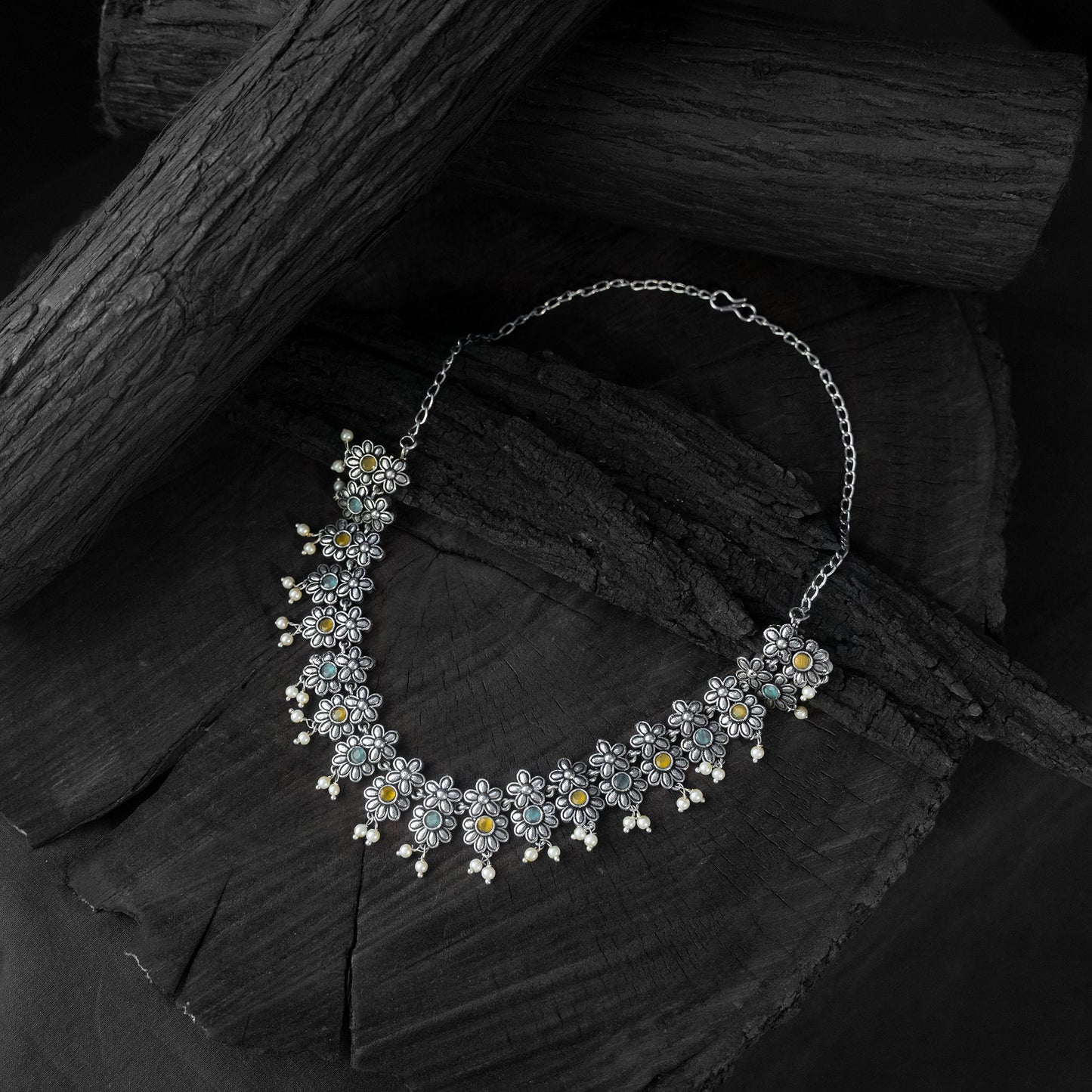 Multicolor - saanjh bela flower oxidised necklace set