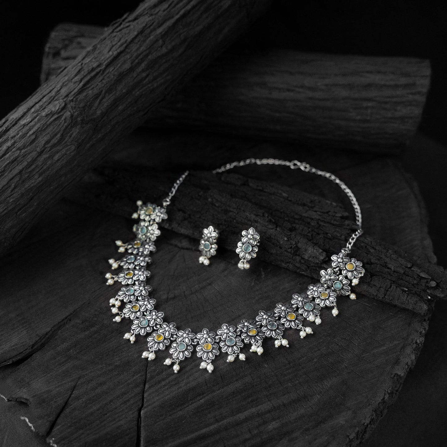 Multicolor - saanjh bela flower oxidised necklace set