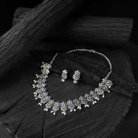 Multicolor - saanjh bela flower oxidised necklace set