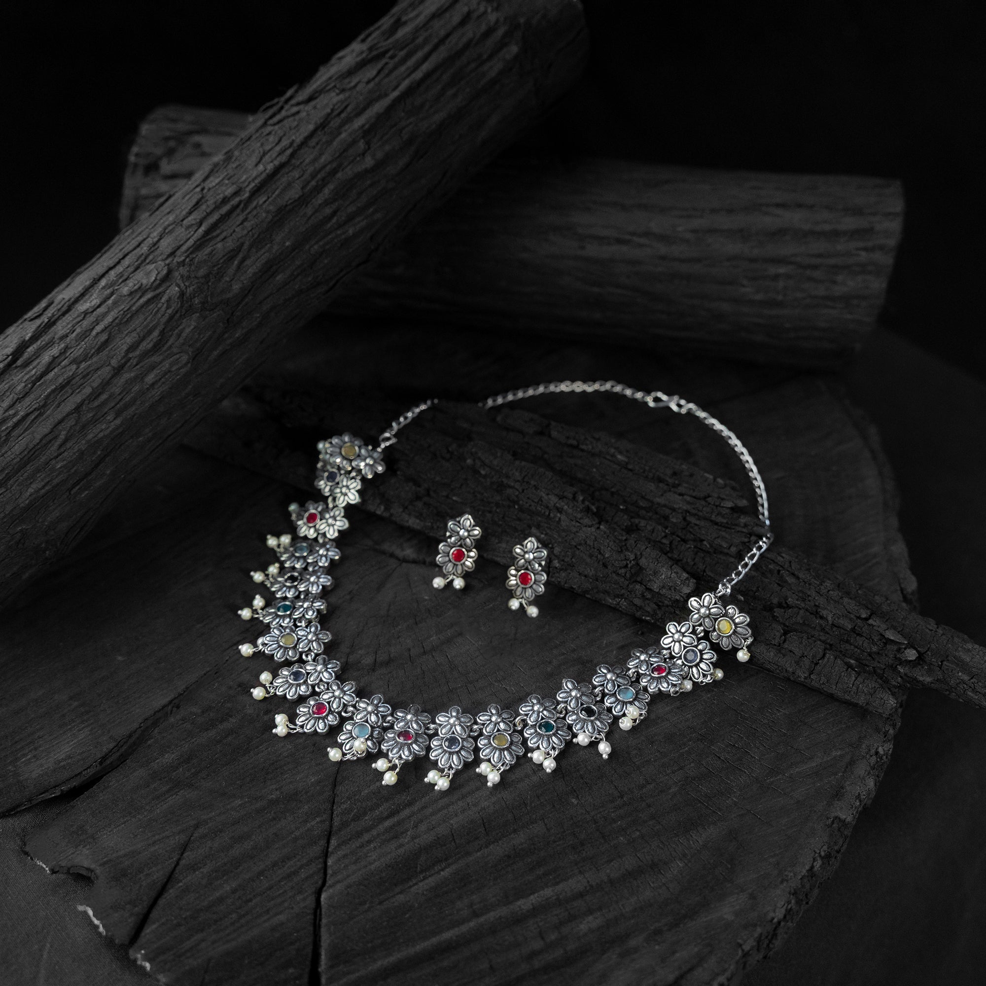 Multicolor - saanjh bela flower oxidised necklace set