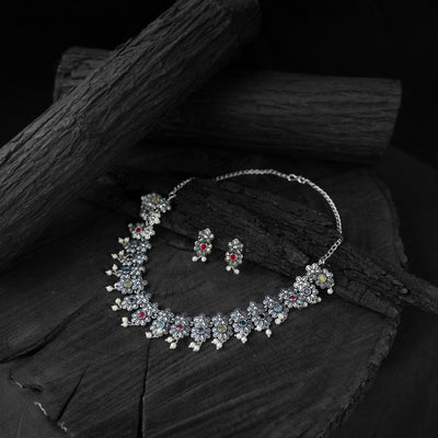 Multicolor - saanjh bela flower oxidised necklace set