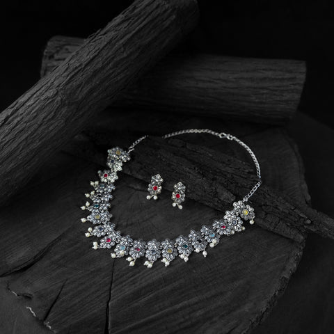 Multicolor - saanjh bela flower oxidised necklace set