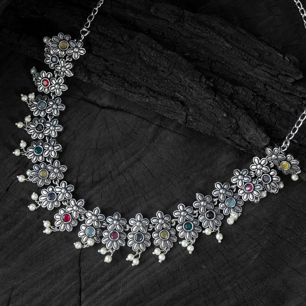 Multicolor - saanjh bela flower oxidised necklace set