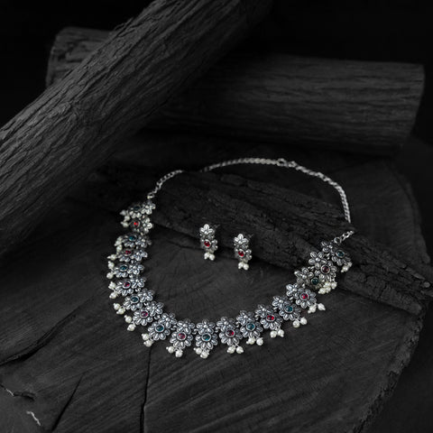 Multicolor - saanjh bela flower oxidised necklace set