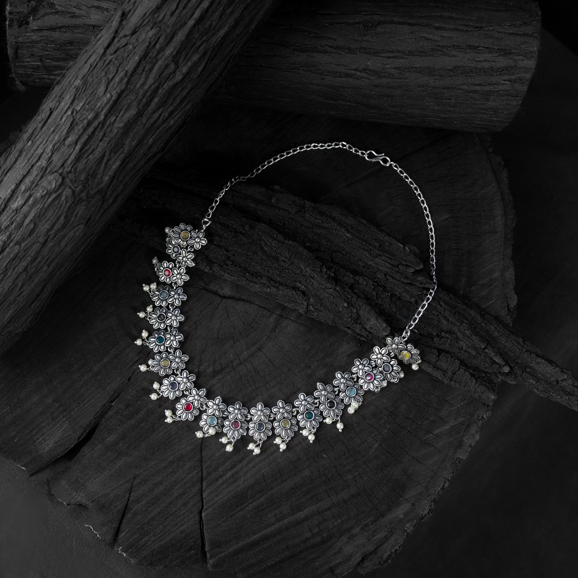 Multicolor - saanjh bela flower oxidised necklace set