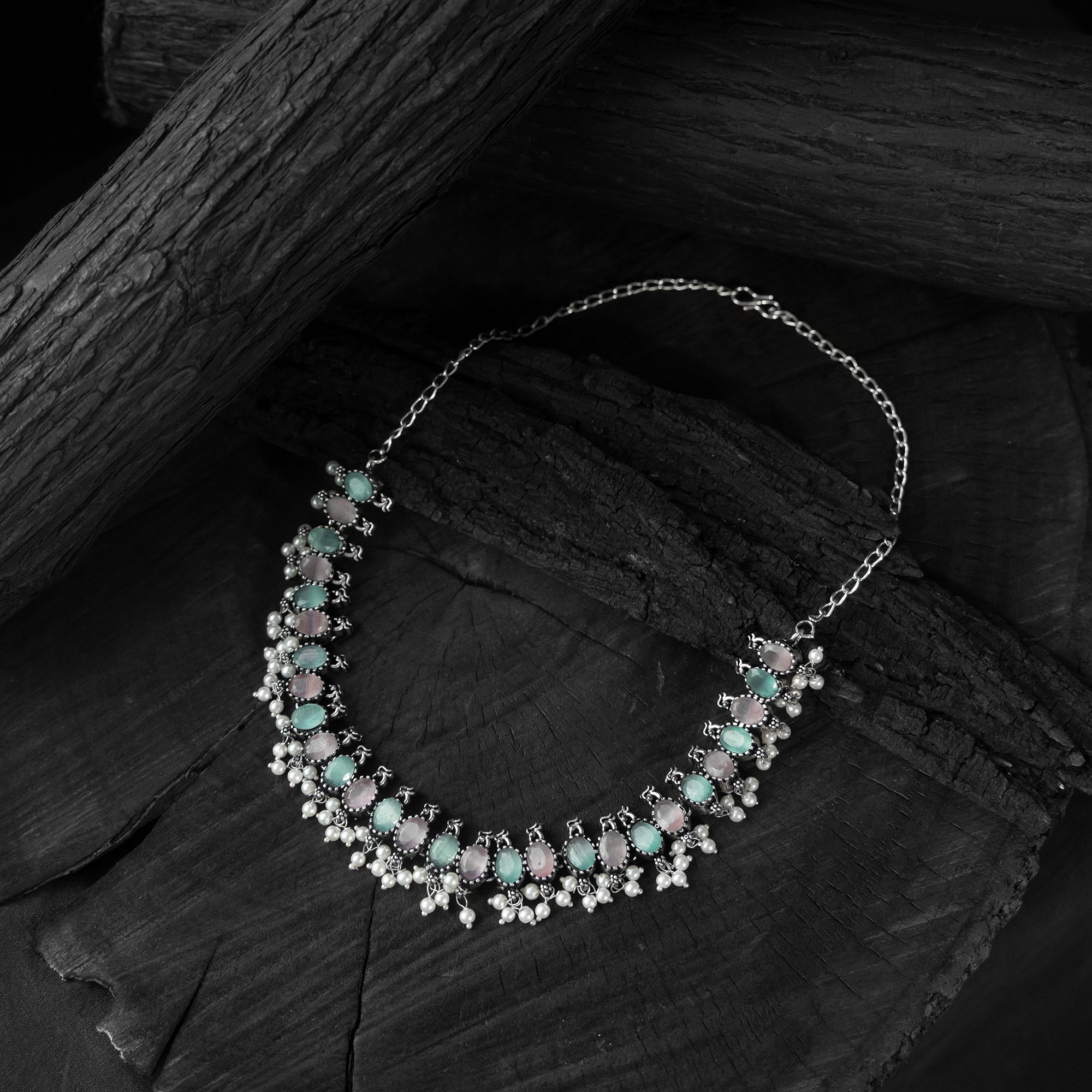 Multicolor - saanjh bela oval oxidised necklace set